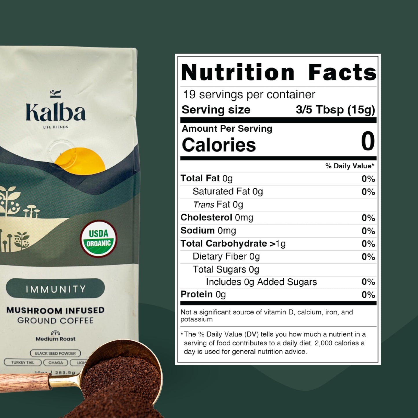 Kalba Organic Mushroom Coffee Grounds, Medium Roast 10 Oz | Arabica Coffee With Lion'S Mane, Chaga, Turkey Tail, & Nigella Seed