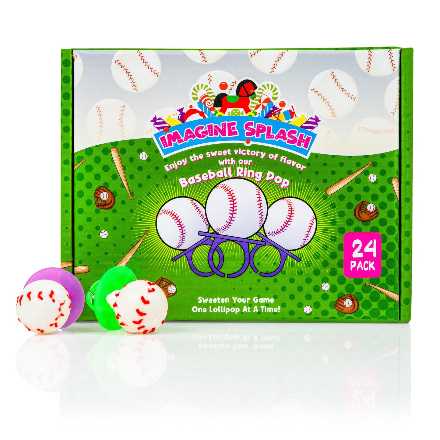Imagine Splash Baseball Ring Pops – Grape-Flavored Candy Treats – Pack of 24 – Individually Wrapped Party Favors