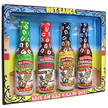 ASS KICKIN Hot Sauce Gift Set - Premium Gourmet Hot Sauce for Wings & Burritos - 4 Pack of 5 Fl Oz