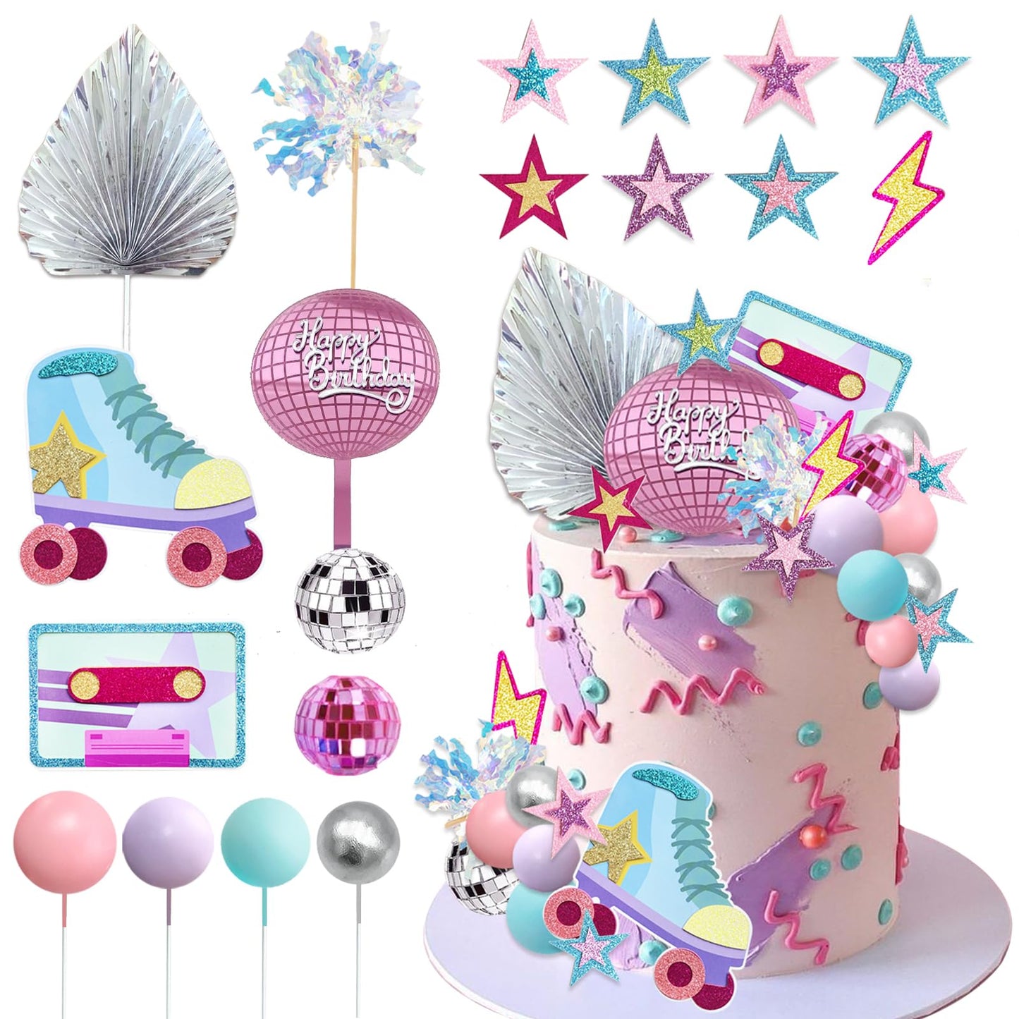 Ufromsky 40Pcs Roller Skate Cake Toppers 80S 90S Disco Ball Cake Decorations  Retro Girl Birthday Decor With Mini Balls For Skating Theme Party Supplies