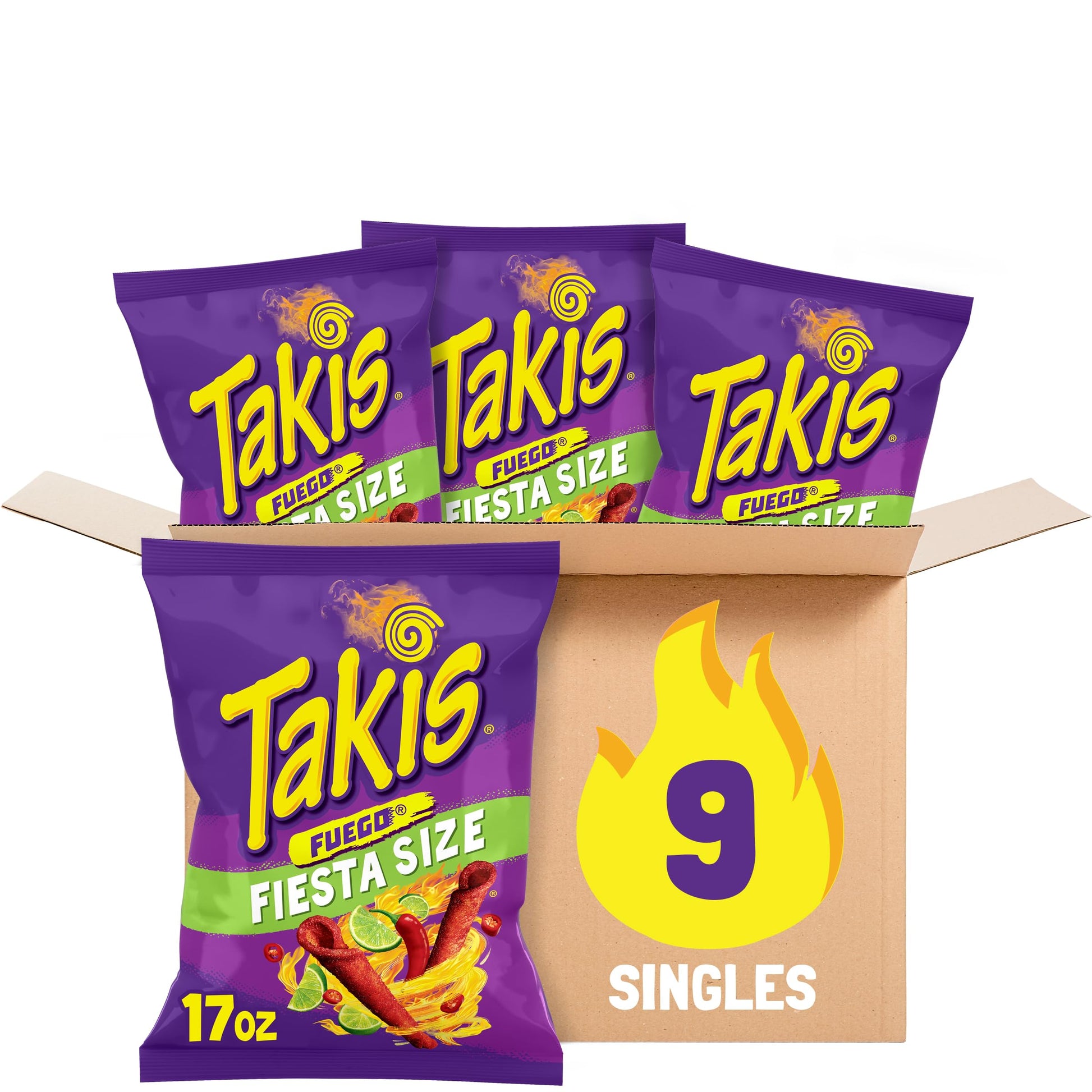 Takis Fuego 9 ct, 17 oz Fiesta Size Case, Hot Chili Pepper & Lime Flavored Extreme Spicy Rolled Tortilla Chips