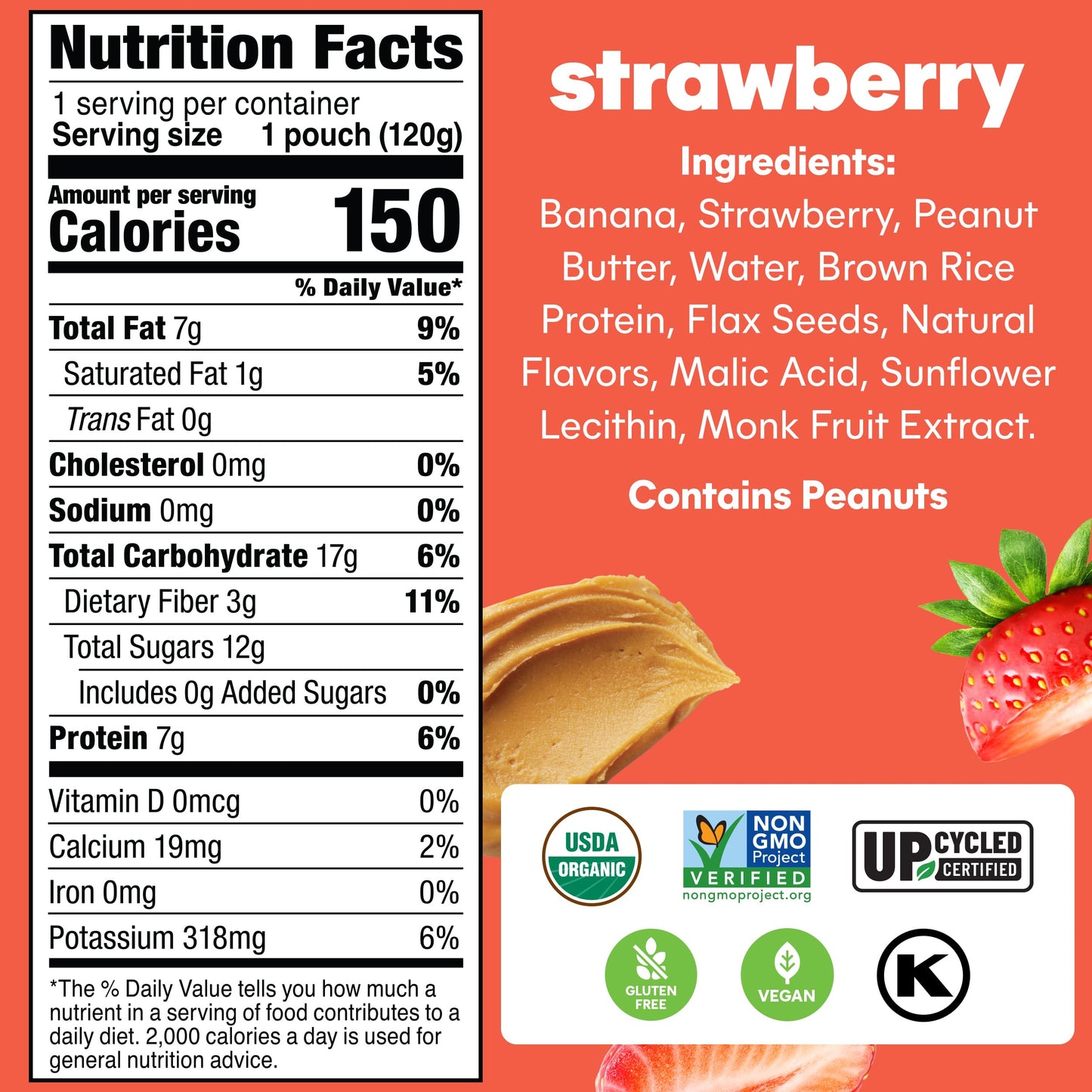 Noka Superfood Fruit & Nut Butter Smoothie Pouches, Healthy Snacks (Strawberry Peanut Butter) 6 Pack, Vegan, Plant Protein, Glut