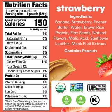 Noka Superfood Fruit & Nut Butter Smoothie Pouches, Healthy Snacks (Strawberry Peanut Butter) 6 Pack, Vegan, Plant Protein, Glut