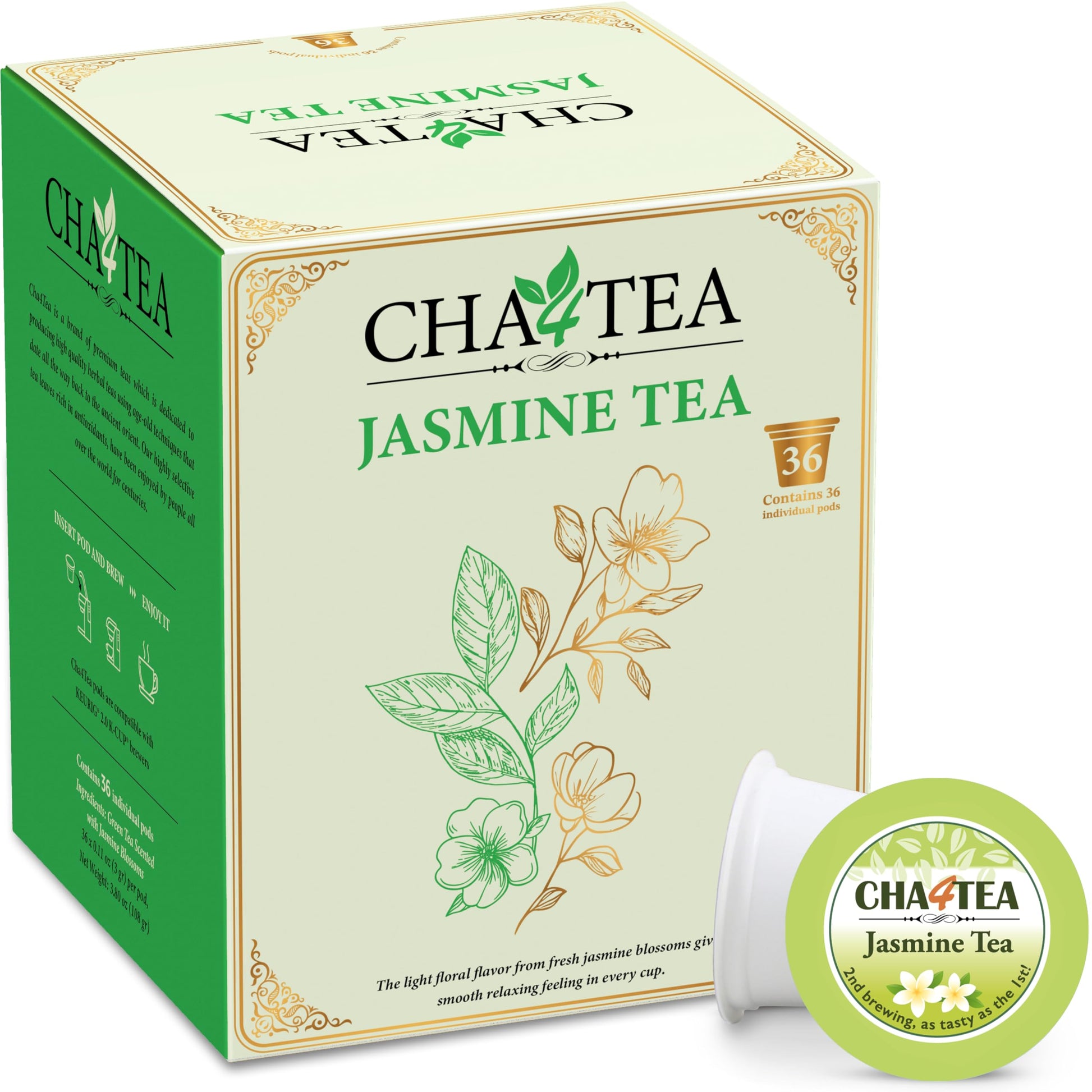 Cha4TEA 36-Count Jasmine Green Tea Pods for Keurig K-Cups malt-inspired