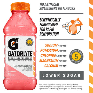 Gatorlyte Rapid Rehydration Electrolyte Drink, Strawberry Kiwi, Specialized Blend of 5 Electrolytes, Lower Sugar, No Artificial