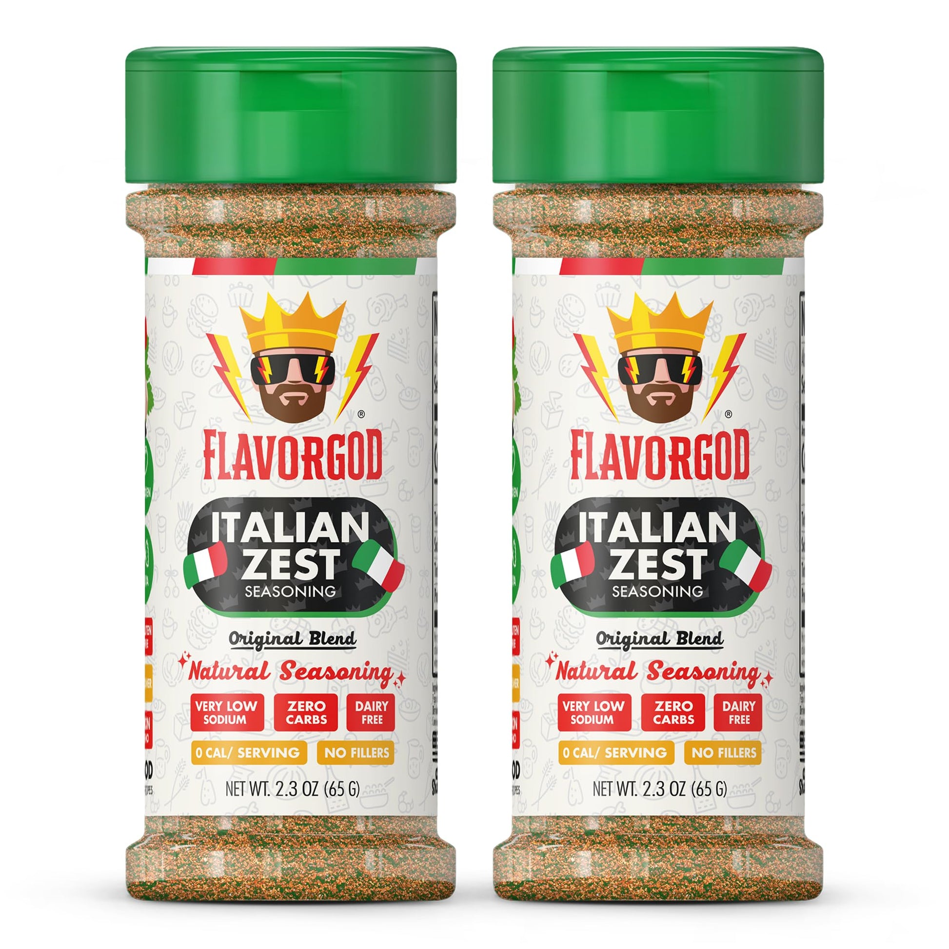 Flavor God Italian Zest Seasoning Mix - All Natural Spice Blend, 2 Bottles, Kosher, Low Sodium, Vegan, Keto Friendly