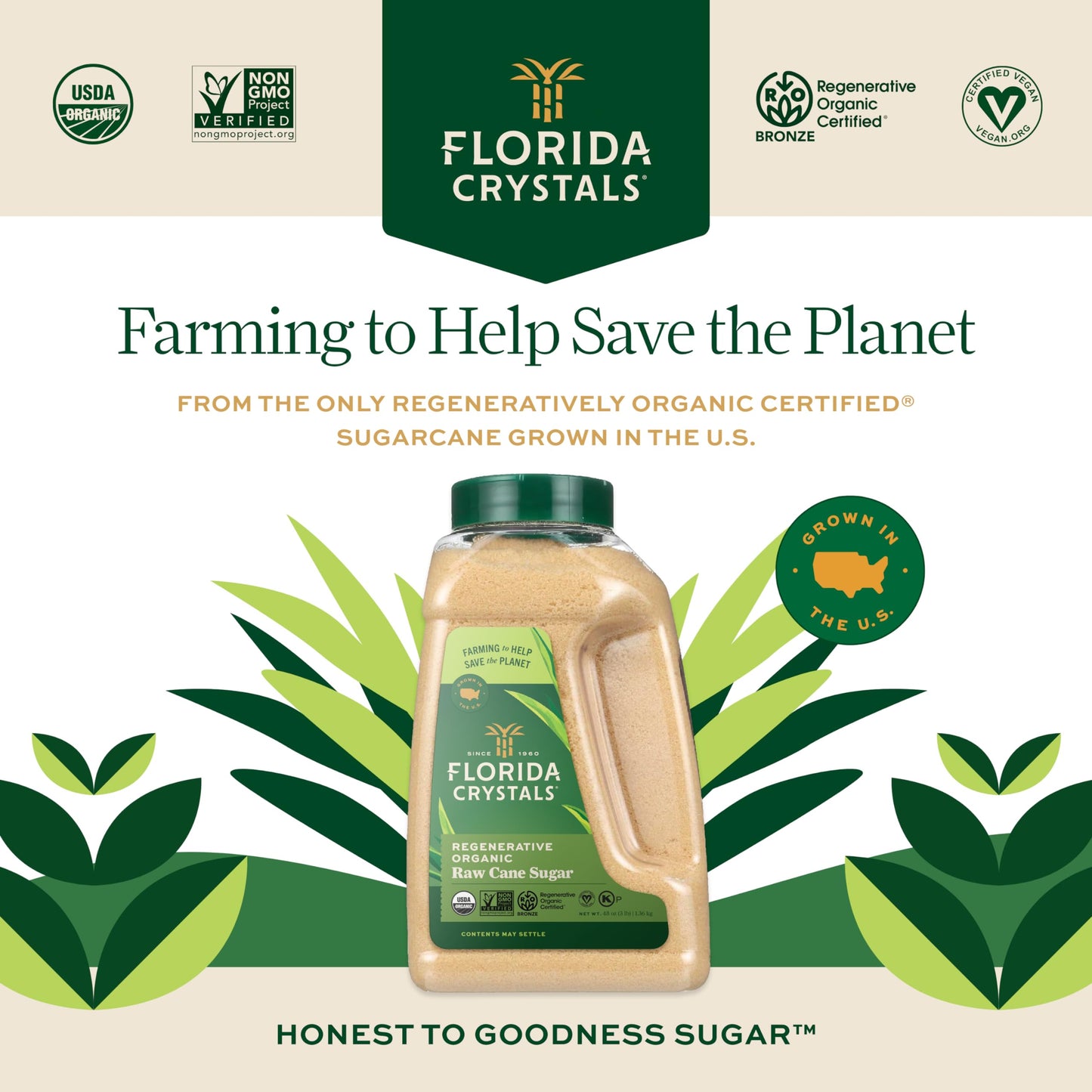 Florida Crystals Regenerative Organic Raw Cane Sugar, 48 oz (3 lb) Jug (Pack of 2)