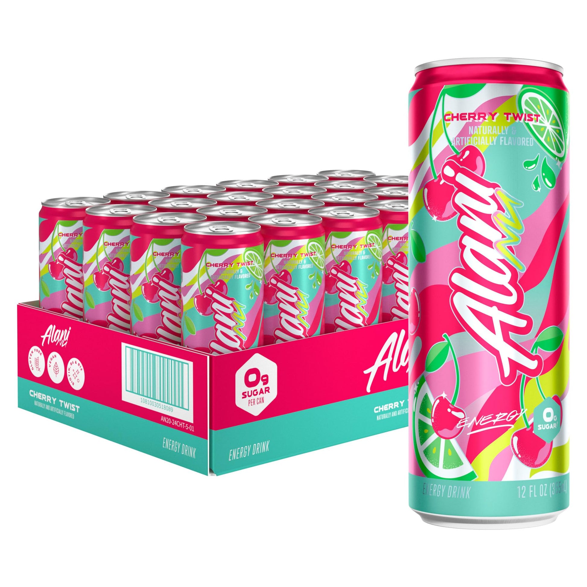 Alani Nu Cherry Twist Energy Drink, Sugar Free, 200mg Caffeine, 12 Fl Oz, Pack of 24 Cans