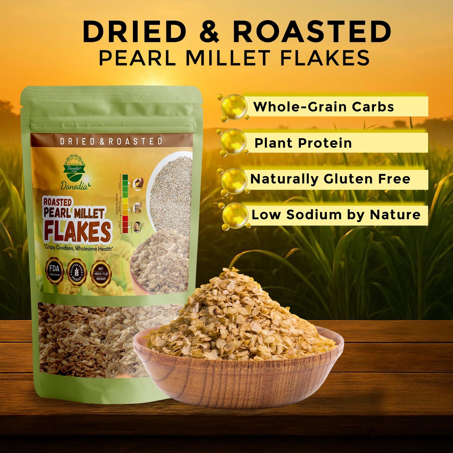 Danodia Foods Pearl Millet Flakes (450g/17oz) | Roasted & Ready-to-Eat | Wholesome Breakfast Cereal | Ideal for Porridge, Puddin