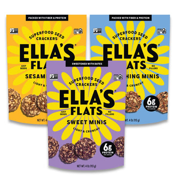 Ellas Flats Minis - Variety Pack (Sesame, Everything, Sweet) - Superfood seed crackers - Just seeds, no fillers - 6g protein, 5g