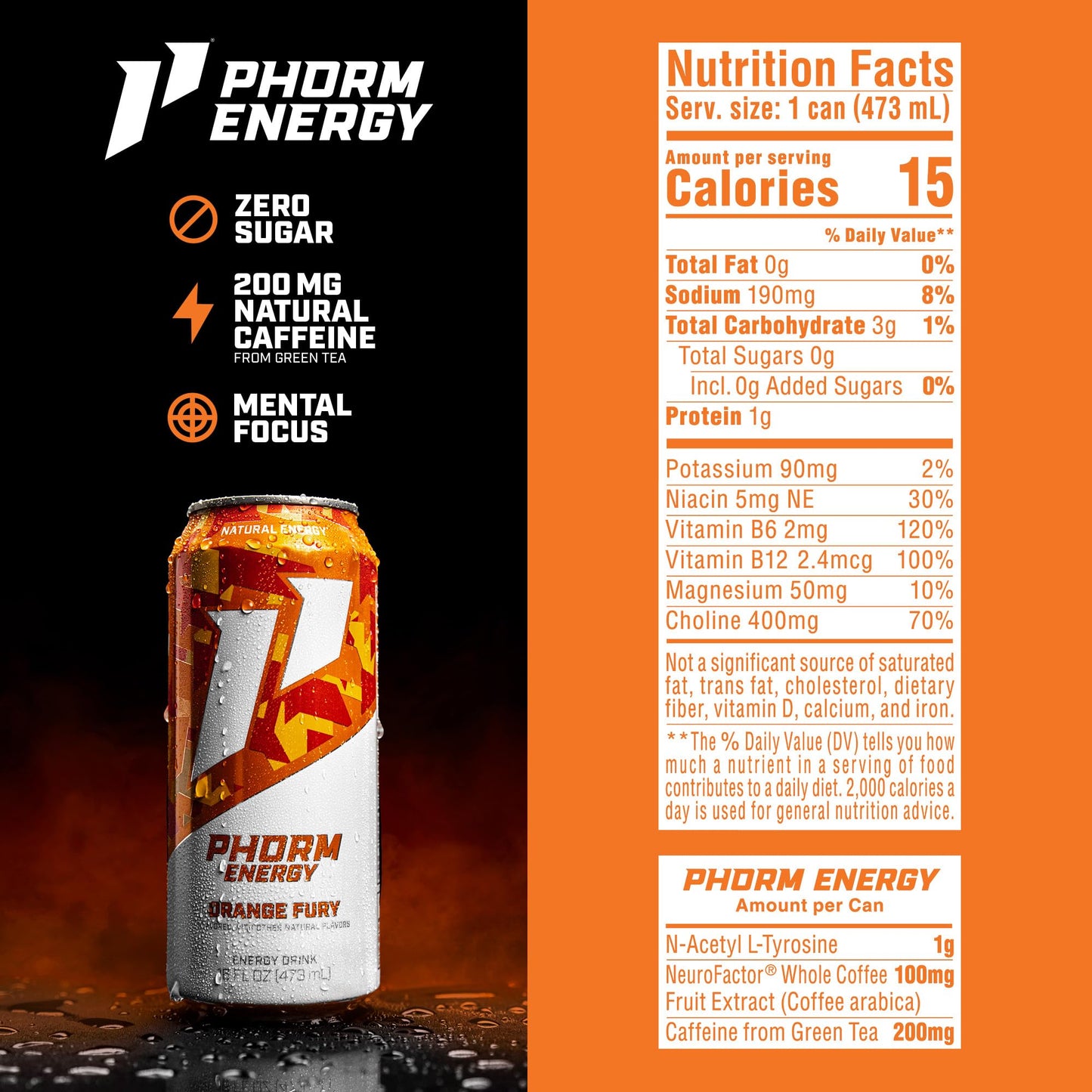 Phorm Energy Drink  Orange Fury Flavor  200 MG Natural Caffeine From Green Tea  Sugar Free Carbonated Drink With Electrolytes & Vitamin B12  Dairy & Gluten Free  Vegan  16 FL Oz Cans  12 Pack