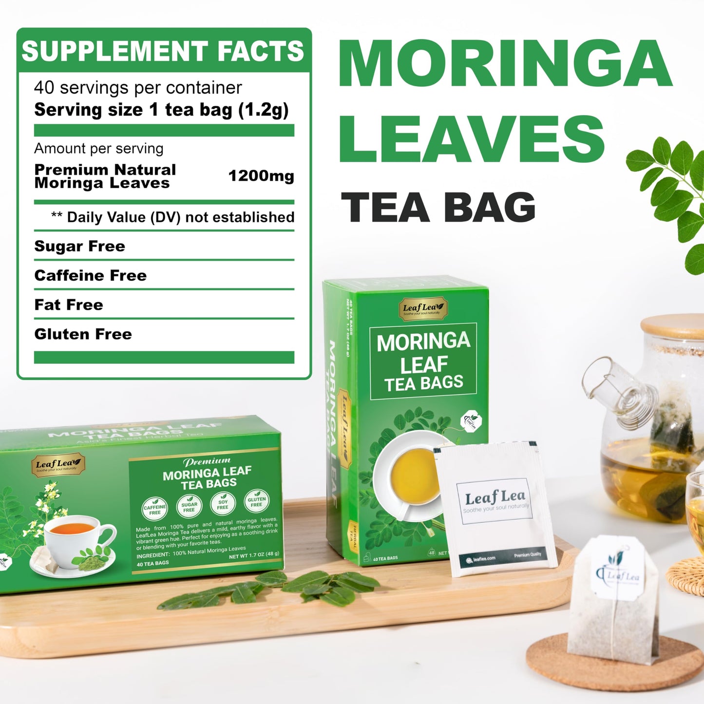LeafLea Moringa Tea Bags - Premium Herbal Blend, Caffeine-Free, Sugar-Free, Vegan, Non-GMO, 120 Bags (Pack of 3)