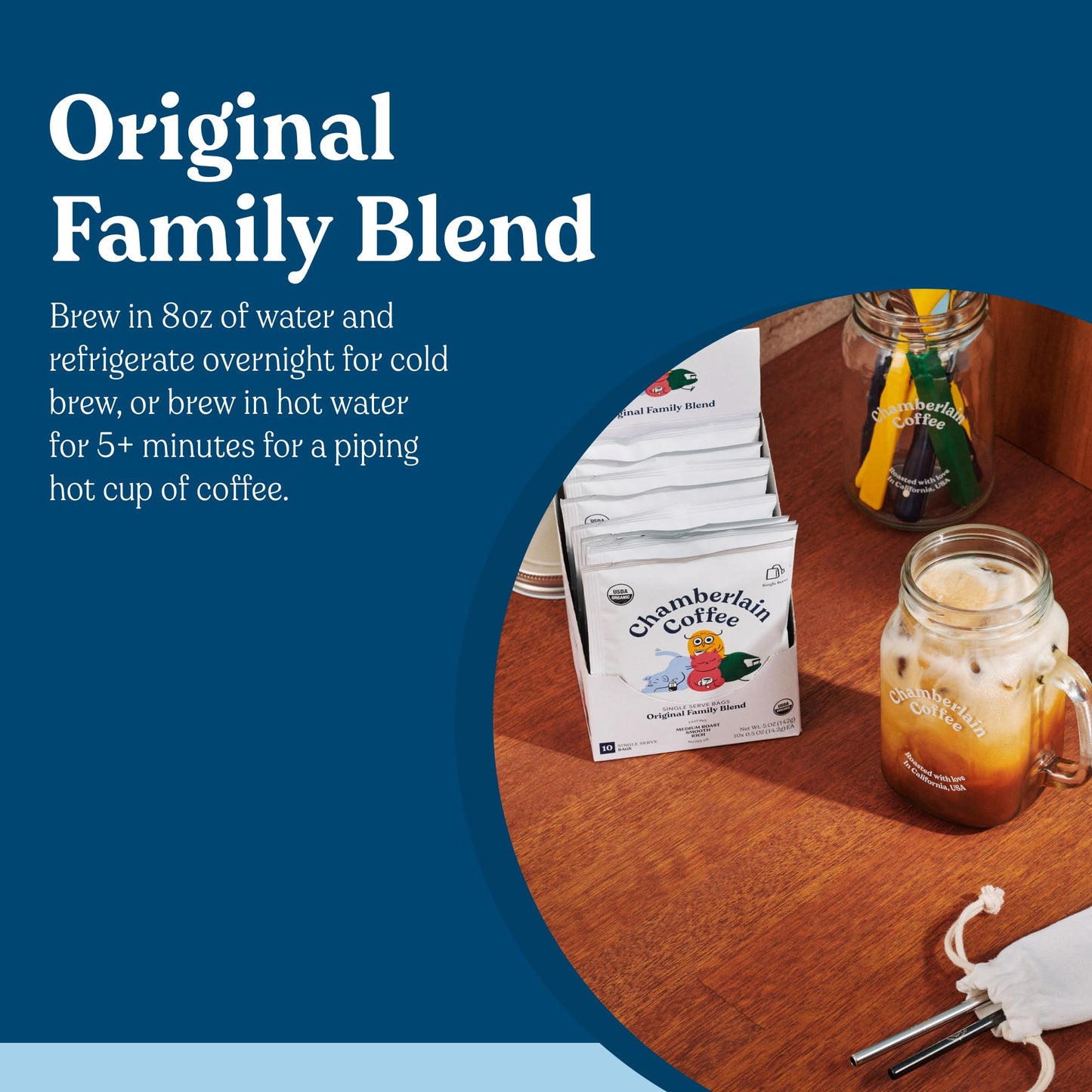 Chamberlain Coffee The Original Family Blend Cold Brew Singles - Medium Roast Organic Coffee Single Serve Bags With Notes Of Rich Milk Chocolate, Almond & Black Cherry - 10 Single Serve Cold Brew Sachets