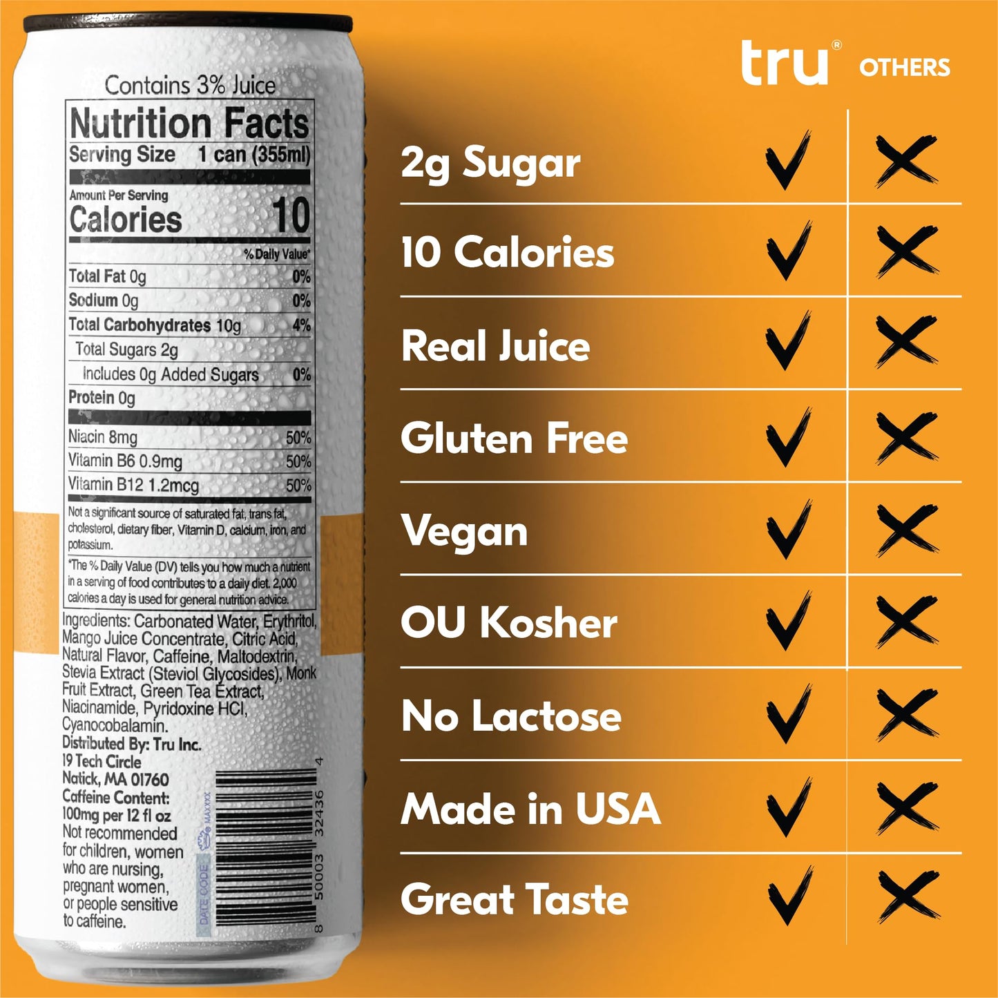 Tru Energy Seltzer Sparkling Water with Natural Caffeine, Orange Mango, 12 Fl Oz Cans, Pack of 12, Gluten Free, Vegan