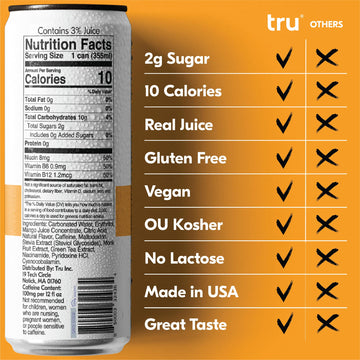 Tru Energy Seltzer Sparkling Water with Natural Caffeine, Orange Mango, 12 Fl Oz Cans, Pack of 12, Gluten Free, Vegan