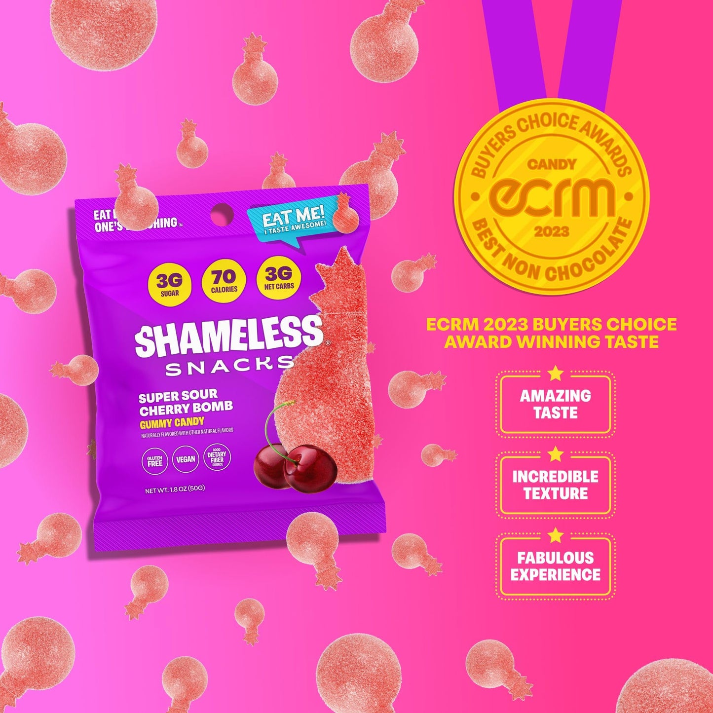 Shameless Snacks Keto Gummies - Low Calorie, Gluten Free, Sour Cherry   - 6 Count