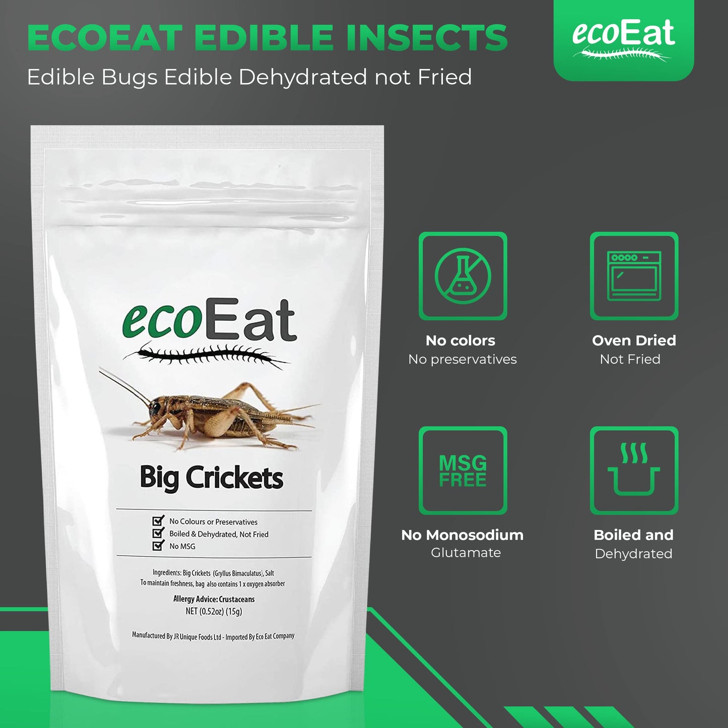 Ecoeat Edible Insects Big Black Crickets To Eat – Edible Bugs Edible Dehydrated Crickets - Snack Food Gifts (15G)