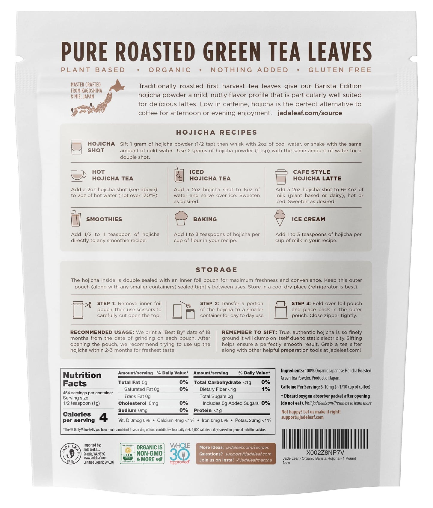 Jade Leaf Matcha Organic Hojicha Powder, Roasted Green Tea Powder, 1 Pound Bulk Pouch, Barista Edition, Powder Color