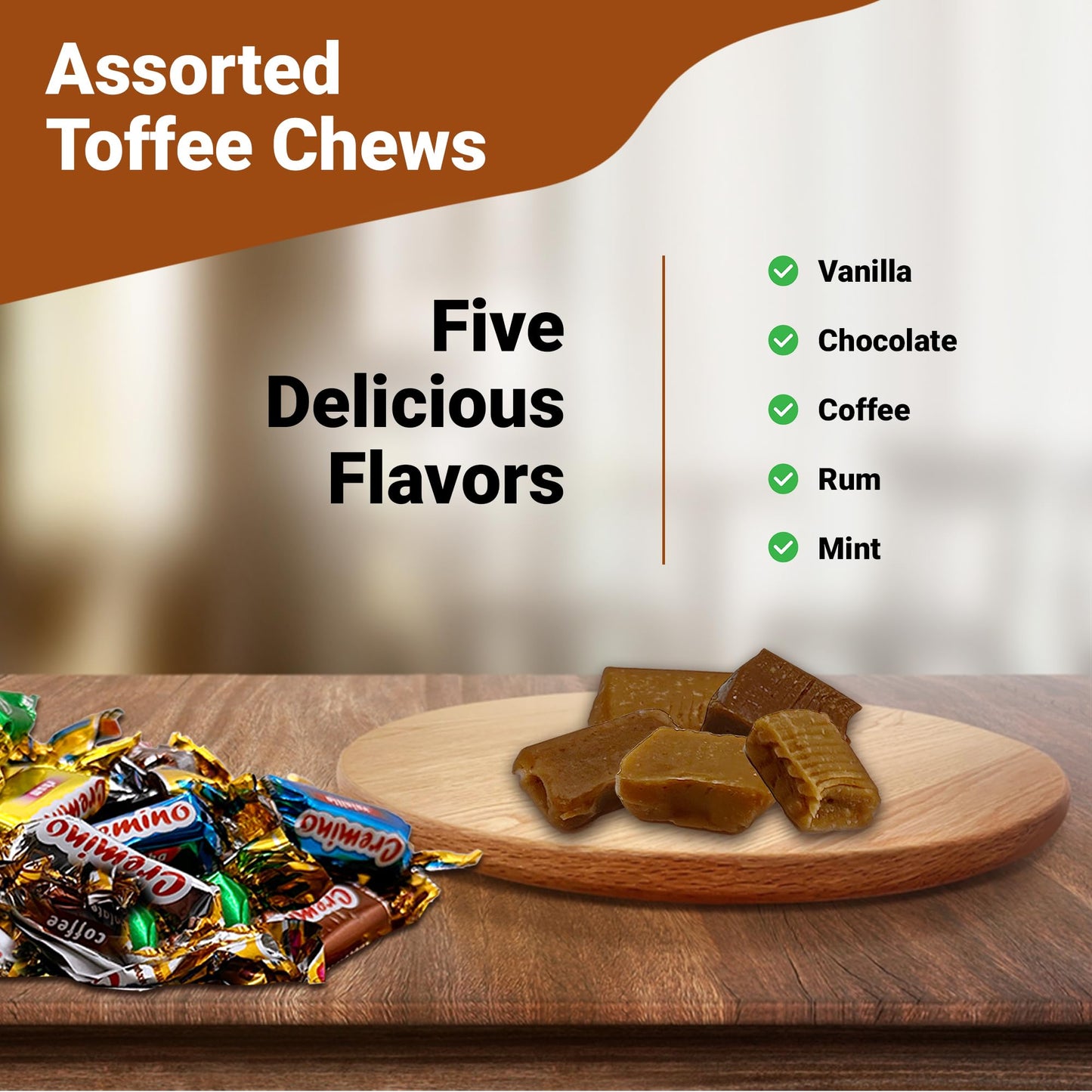 Fusion Sweets Assorted Toffee Candy - 1 Pound Bulk Chews, 75 Pieces, Five Flavors: Vanilla, Chocolate, Coffee, spirit-inspired flavor, Mint, 6.02 x 2