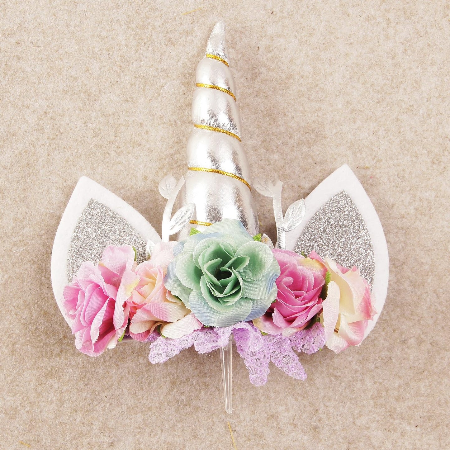 Nishine Rose Floral Unicorn Cake Topper Birthday Party Cake Decoration (Silver&Mint)