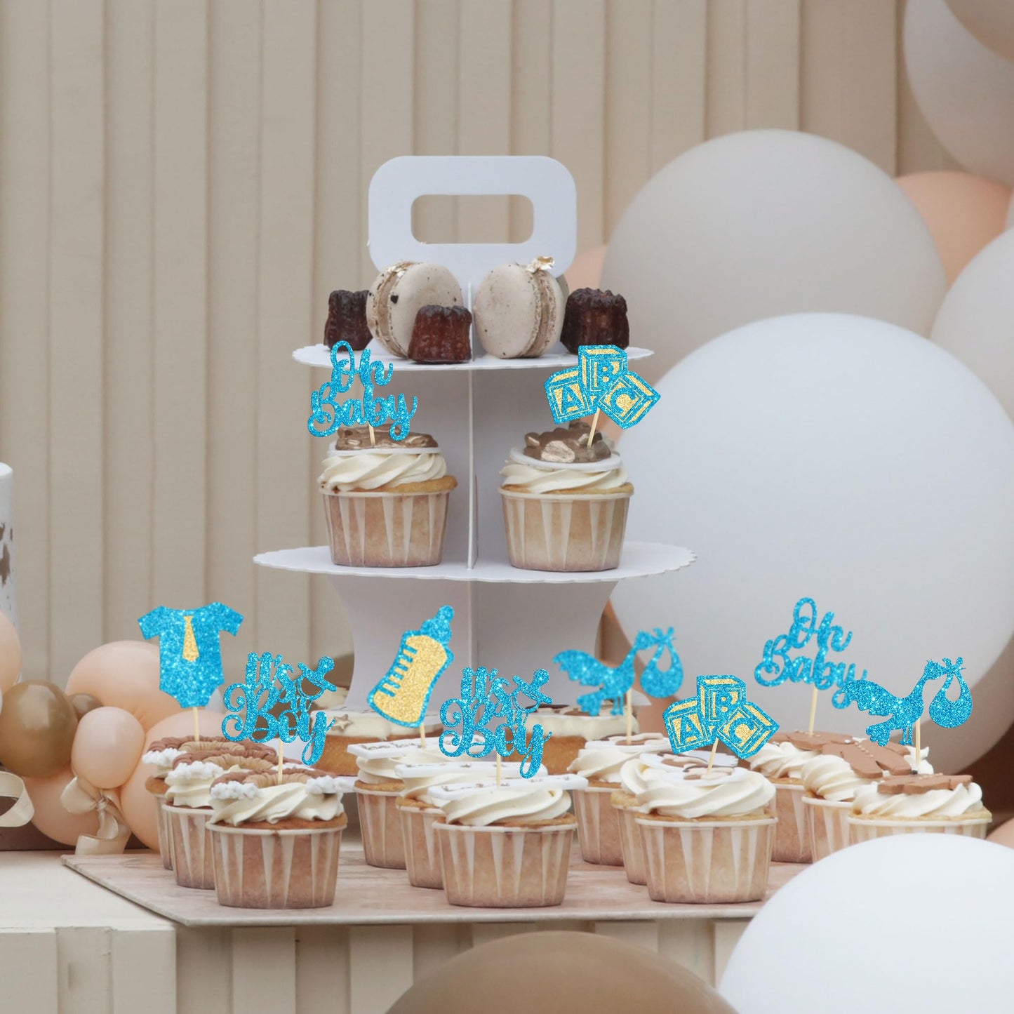 Gyufise 24Pcs Baby Shower Oh Baby Cupcake Toppers It'S A Boy Cupcake Picks Glitter Tie Onesie Baby Bottle Cake Picks Decorations