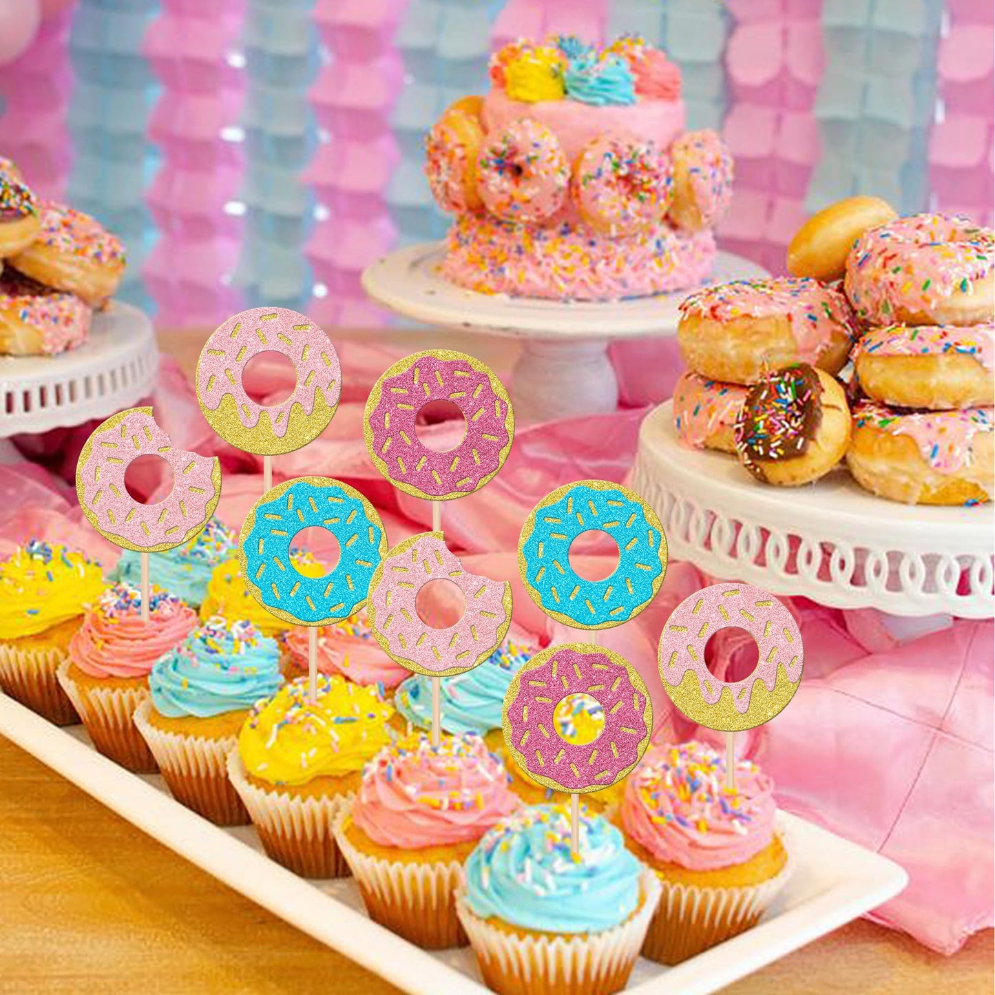 24 Pcs Donut Cupcake Toppers Glitter Super Sweet Donuts Cupcake Picks Donut Party Cupcake Decorations For Sweet Theme Celebratin