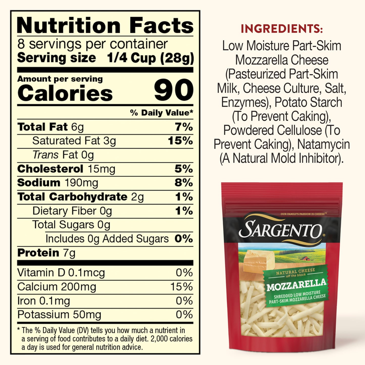 Sargento Natural Mozzarella Shredded Cheese, Traditional Cut, 8 oz