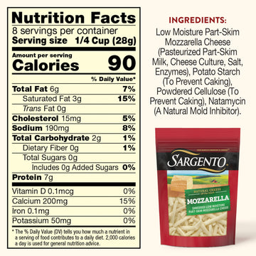 Sargento Natural Mozzarella Shredded Cheese, Traditional Cut, 8 oz