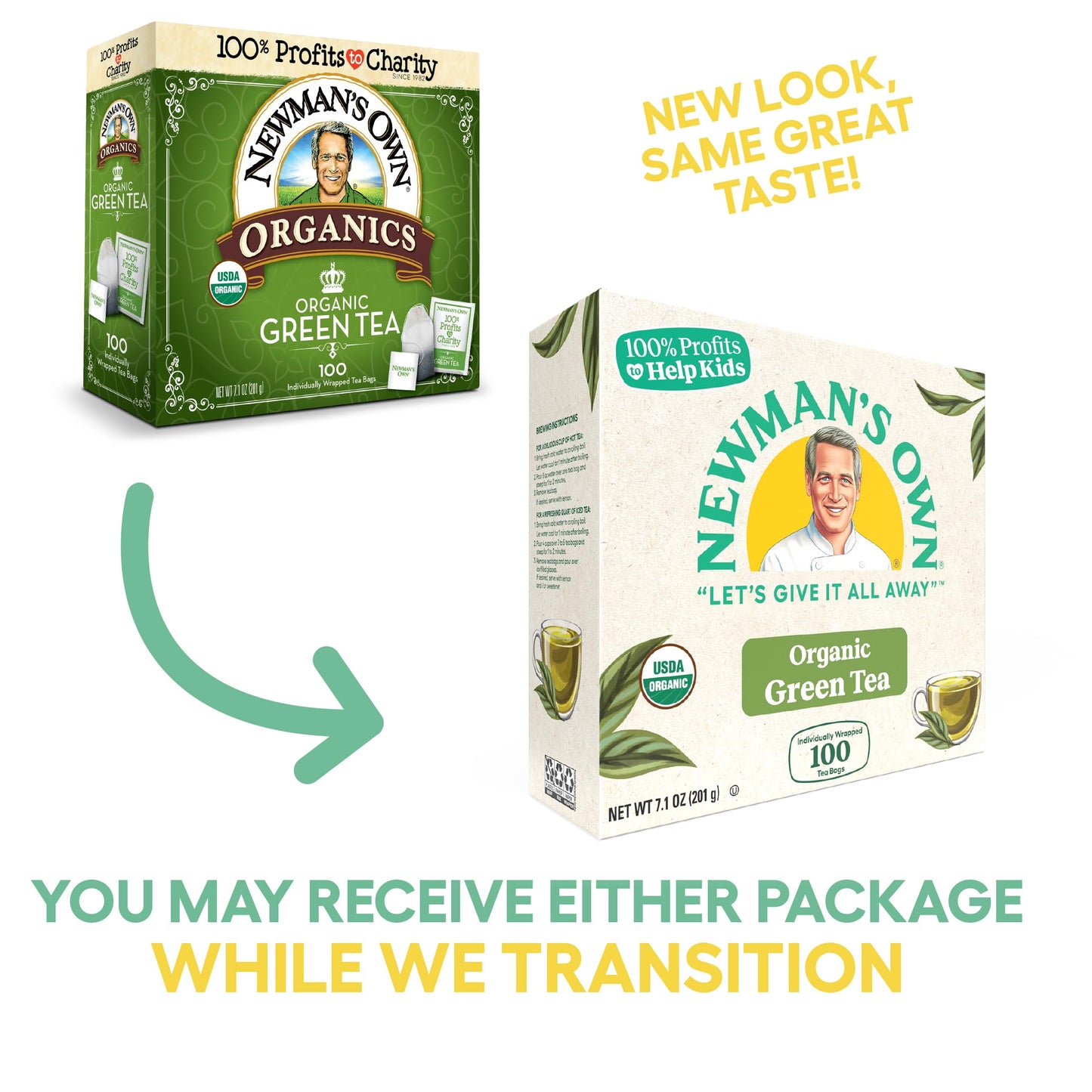 Newmans Own Organic Green Tea, 100 Individually Wrapped Tea Bags, Pack of 2, USDA Certified, Contains Caffeine