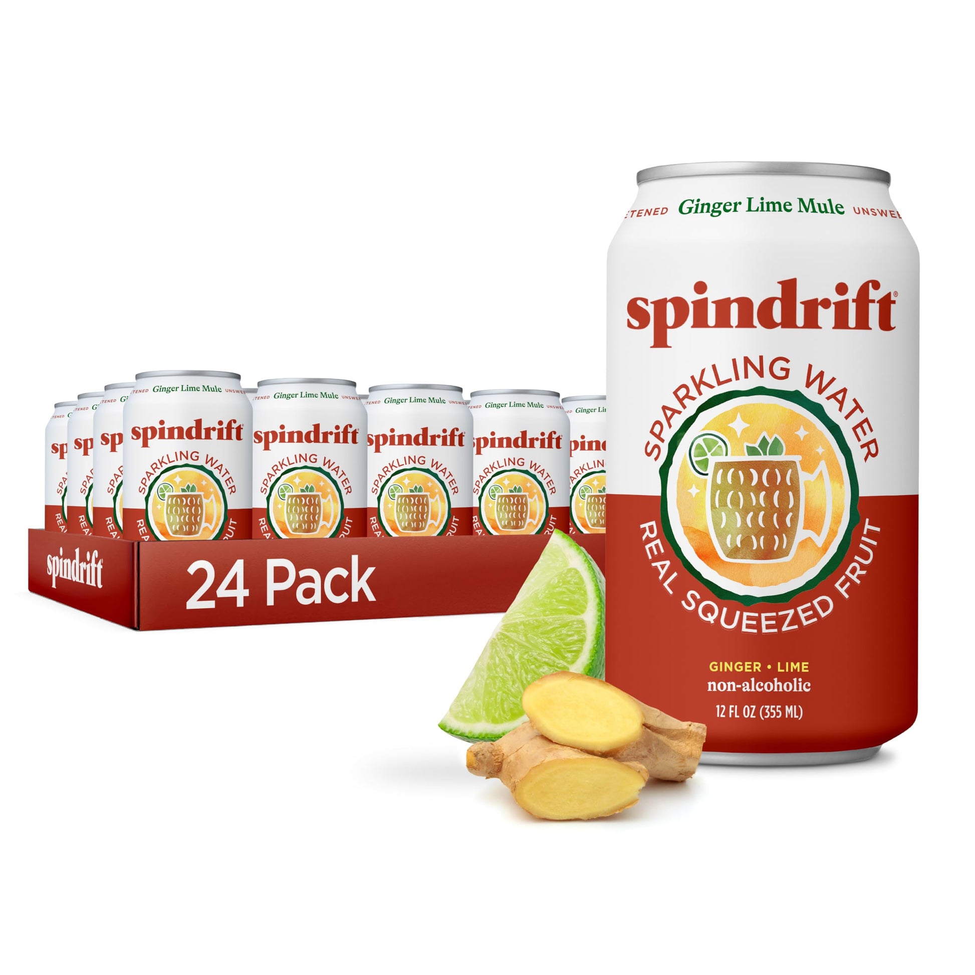 Spindrift Sparkling Water  Flavor Blendger Lime Mule Flavored  Made With Real Squeezed Fruit  12 Fl Oz Cans  Pack Of 24 (Only 11 Calories Per Can)