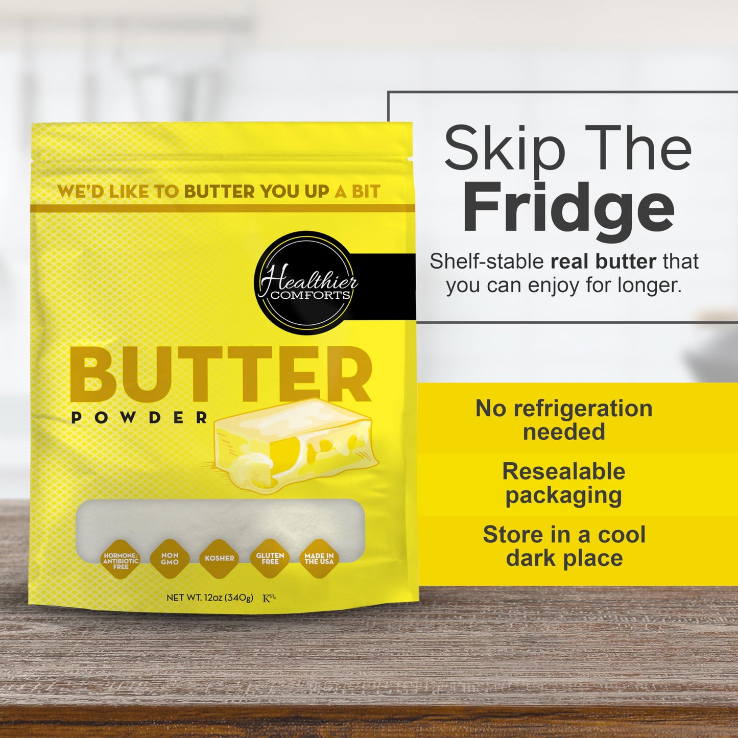 Healthier Comforts Butter Powder | Dehydrated, Shelf Stable Butter | Kosher, Gluten Free, Non-GMO | Popcorn, Baking, Seasoning |