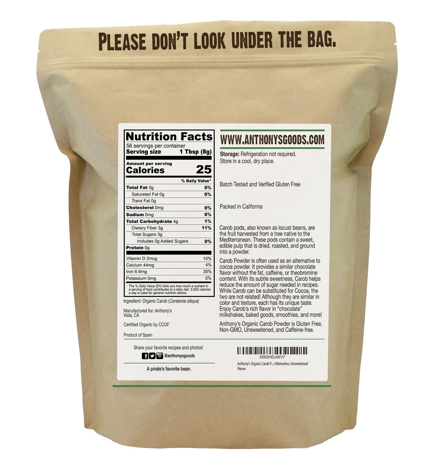 Anthonys Organic Carob Powder, Gluten Free, Non-GMO, Unsweetened, 1 lb
