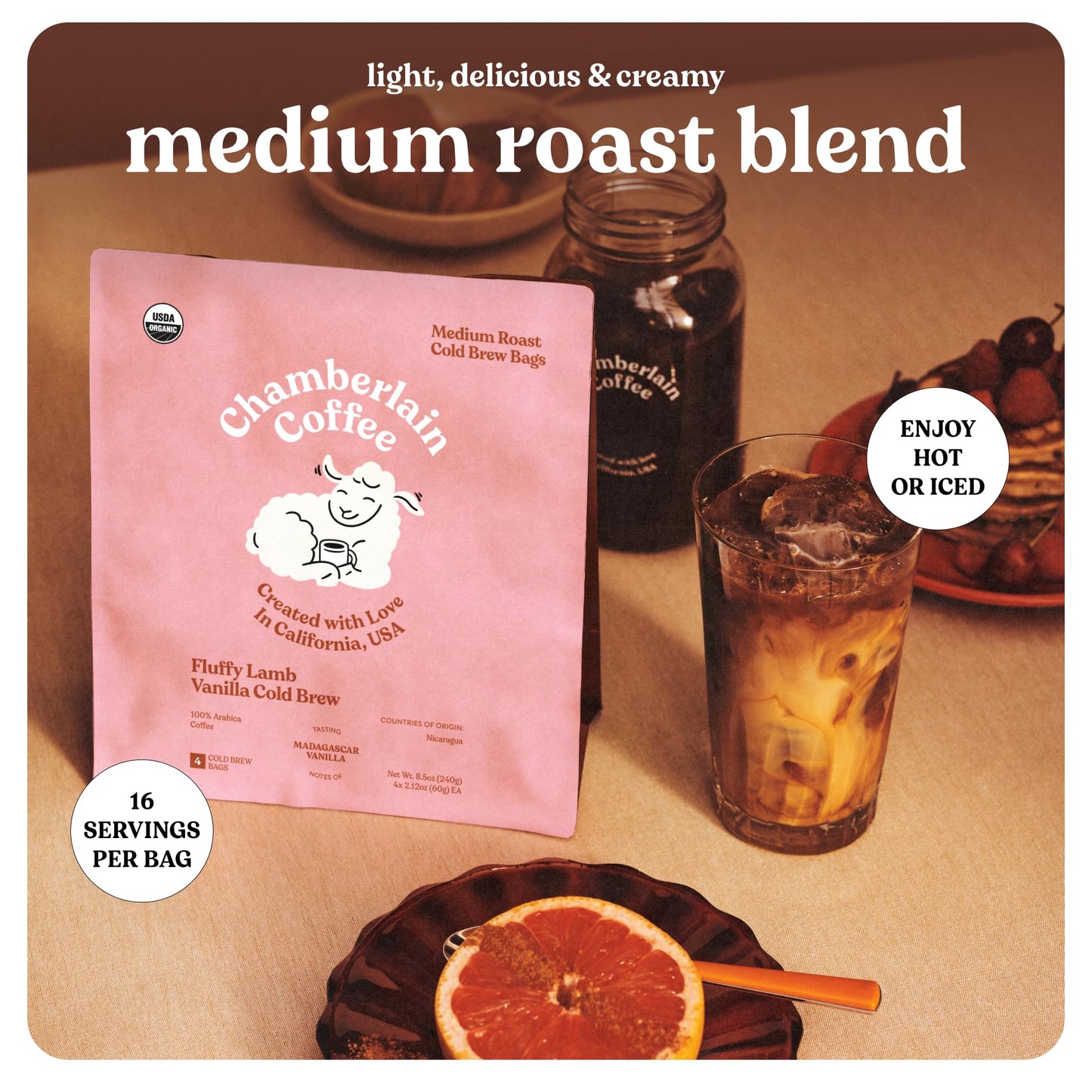 Chamberlain Coffee Fluffy Lamb Vanilla Cold Brew Bags - XL Cold Brew Bags - Premeasured, Ready to Brew, Cold Brew Coffee Packs -