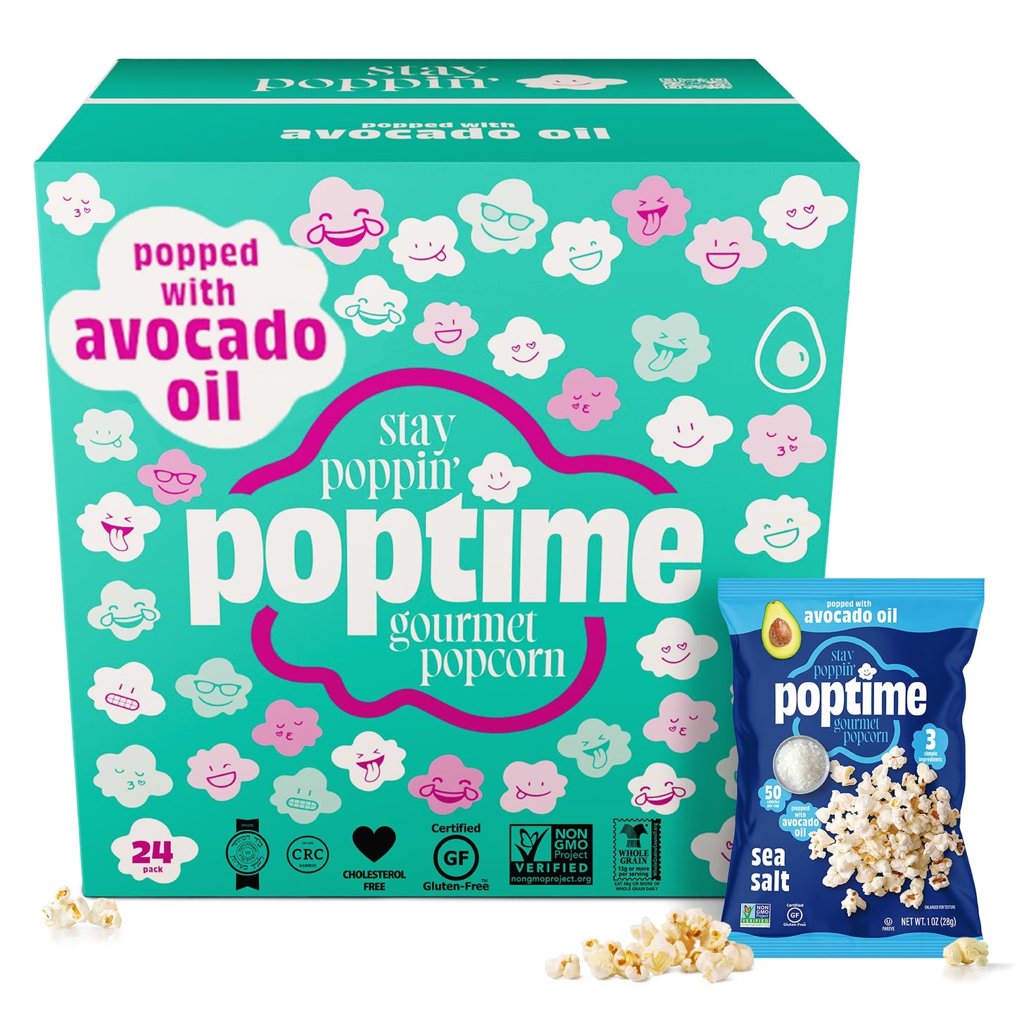 Poptime Kettle Cooked Popcorn Snacks - Sea Salt - Whole Grain - 1 Oz Bags - 24 Count - Non-GMO, Gluten-Free, Low-Calorie
