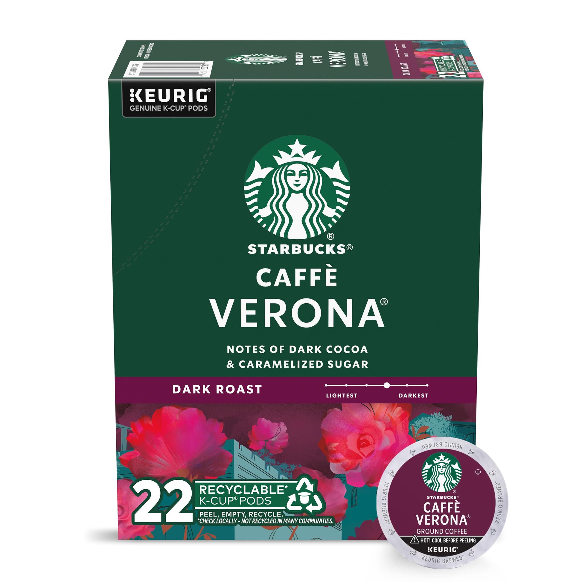 Starbucks K-Cup Coffee Pods, Dark Roast Coffee, Caff Verona For Keurig Coffee Makers, 100% Arabica, 1 Box (22 Pods)