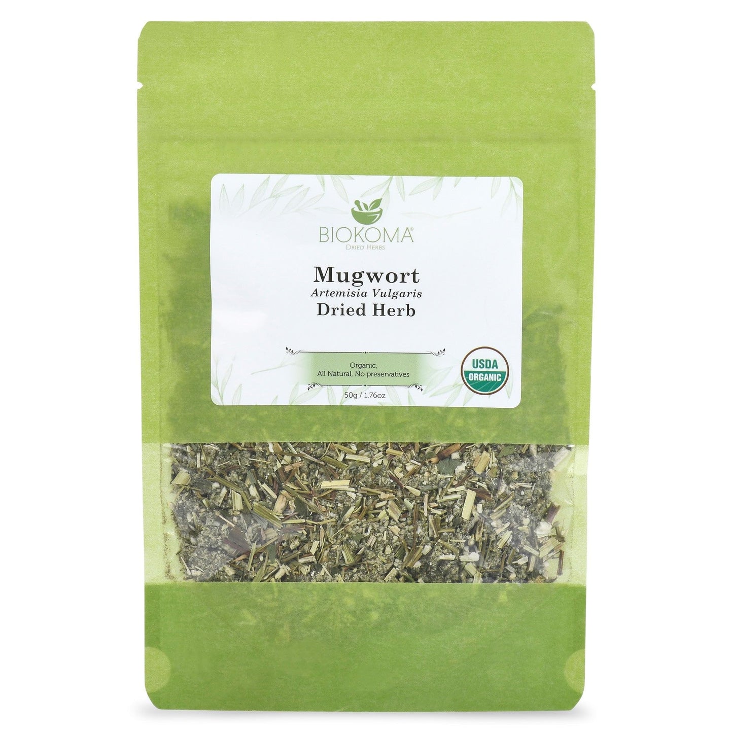 Biokoma Organic Mugwort Dried Herb, 50g (1.76oz) Resealable Pouch, USDA Certified, No Additives, No Preservatives, Kosher