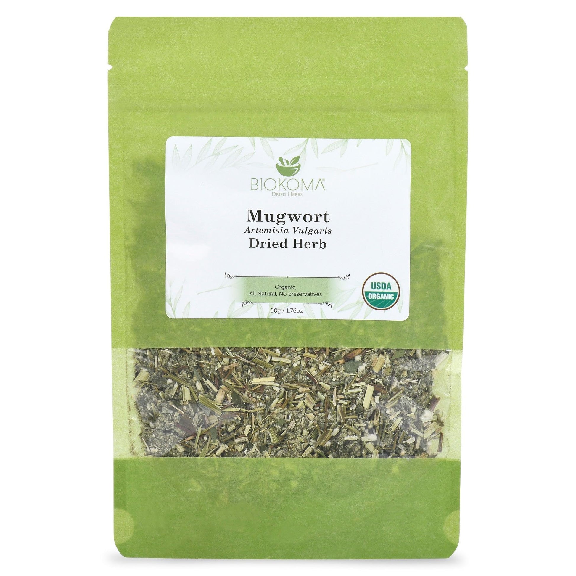 Biokoma Organic Mugwort Dried Herb, 50g (1.76oz) Resealable Pouch, USDA Certified, No Additives, No Preservatives, Kosher