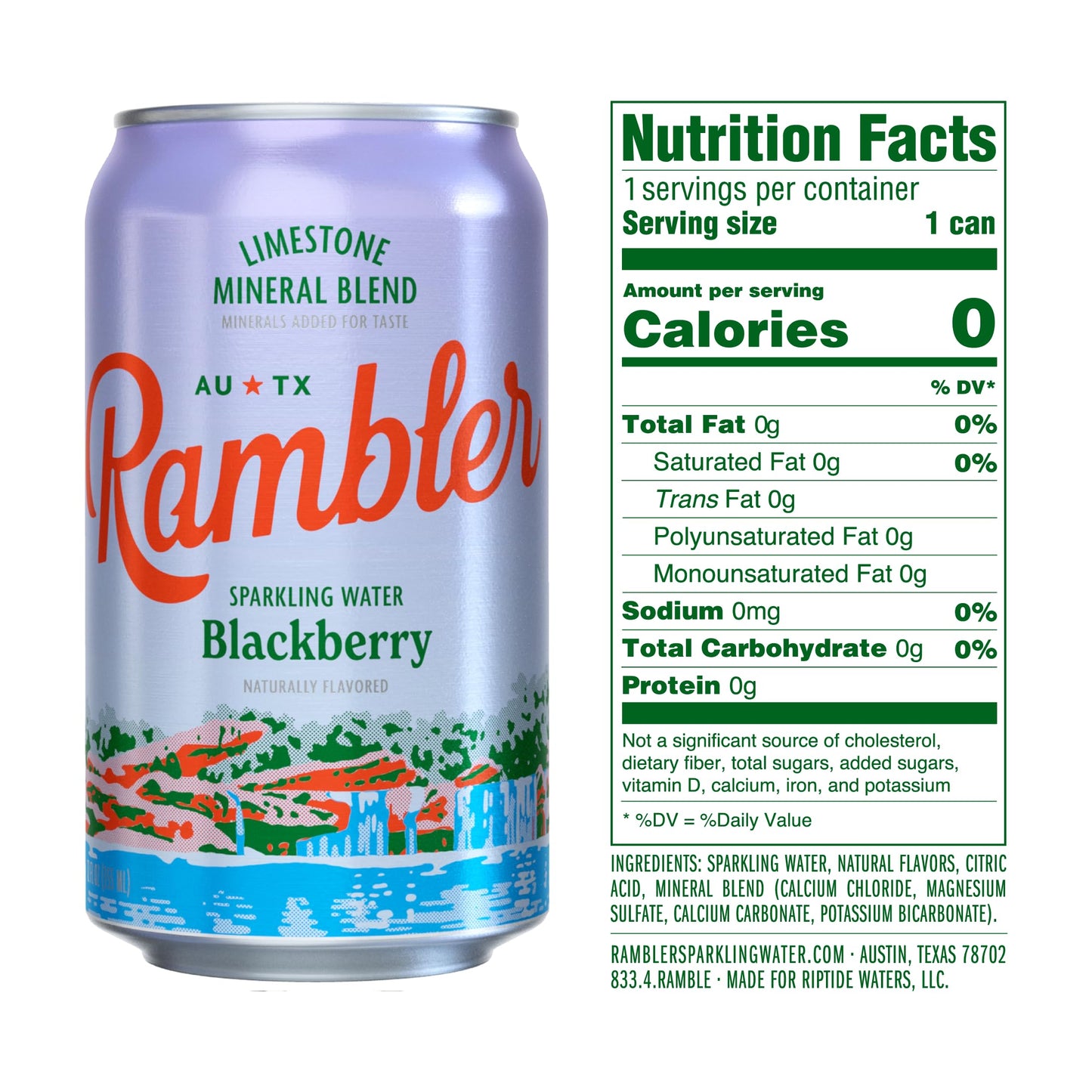 Autx Rambler Blackberry Sparkling Water, Limestone Mineral Blend, Three 8-Packs (24 Cans)