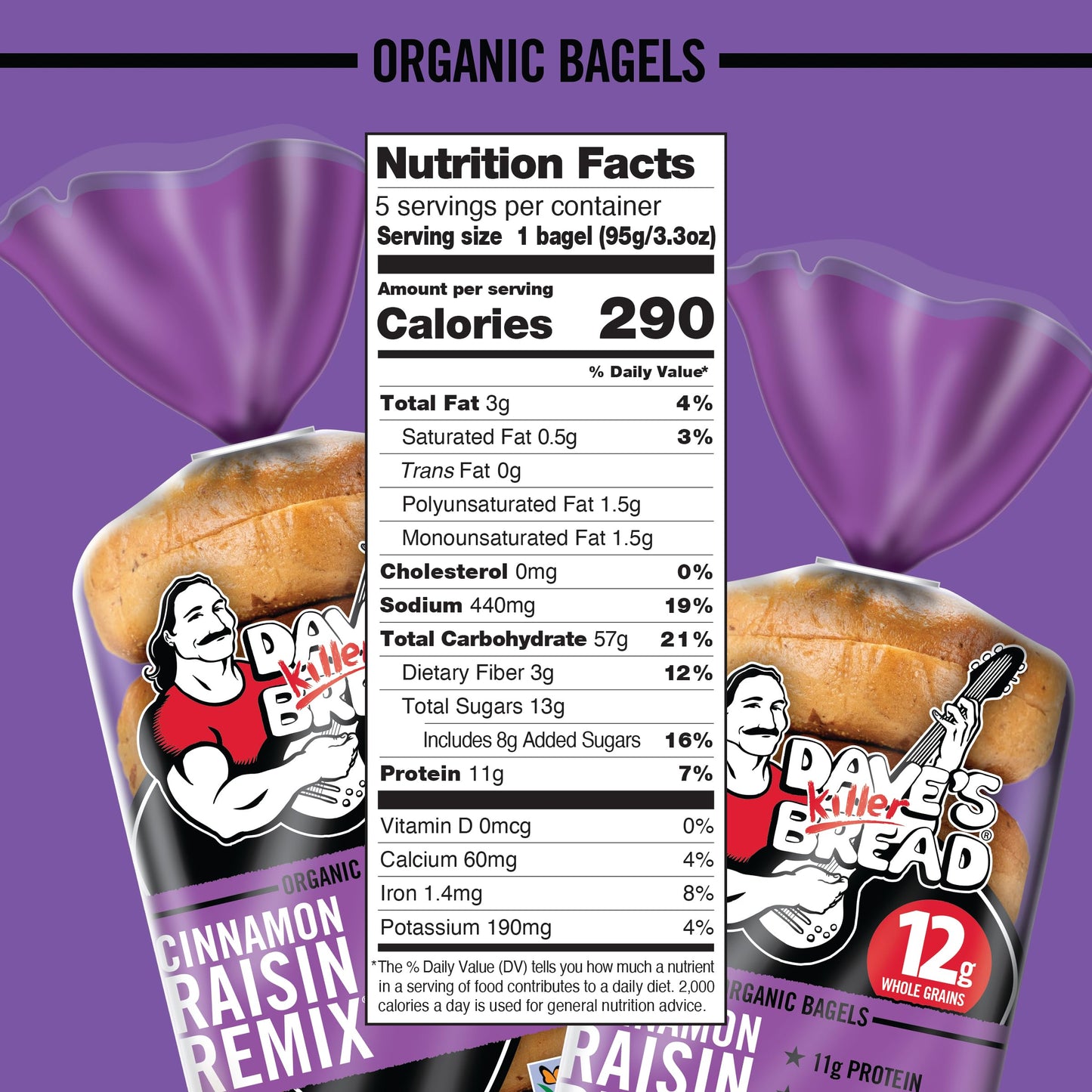 Daves Killer Bread Cinnamon Raisin Remix Bagels, Organic Cinnamon Raisin Bagels, 5 Count