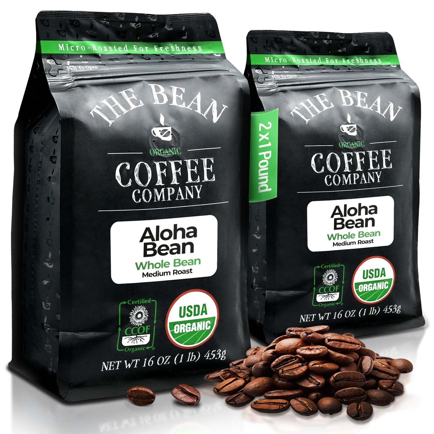 The Bean Organic Coffee Company Aloha Bean (Hawaiian Hazelnut), Medium Roast, Whole Bean Coffee, 16-Ounce Bags (Pack Of 2)
