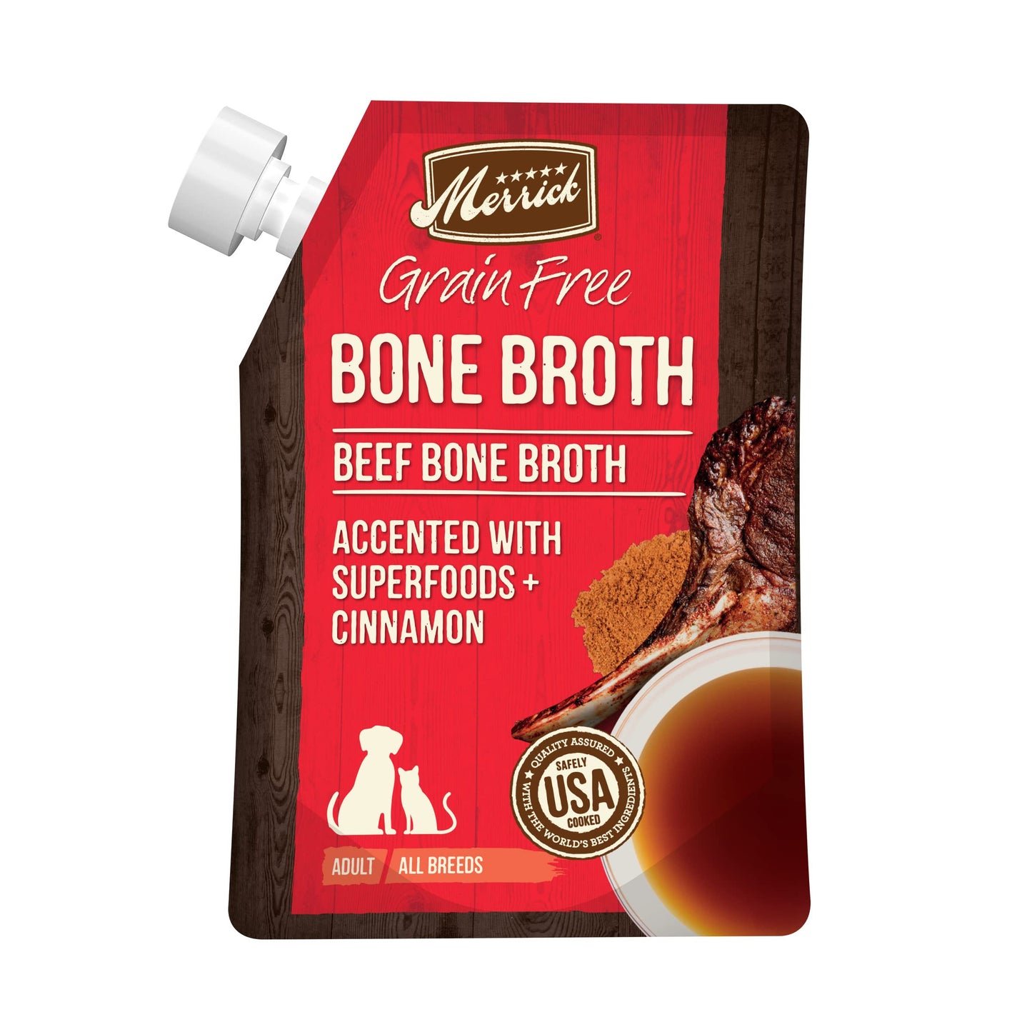 Merrick Grain Free Bone Broth, Enhanced Human Grade And Gluten Free Dog And Cat Food Topper Pouches, Beef - 16 Oz. Pouch