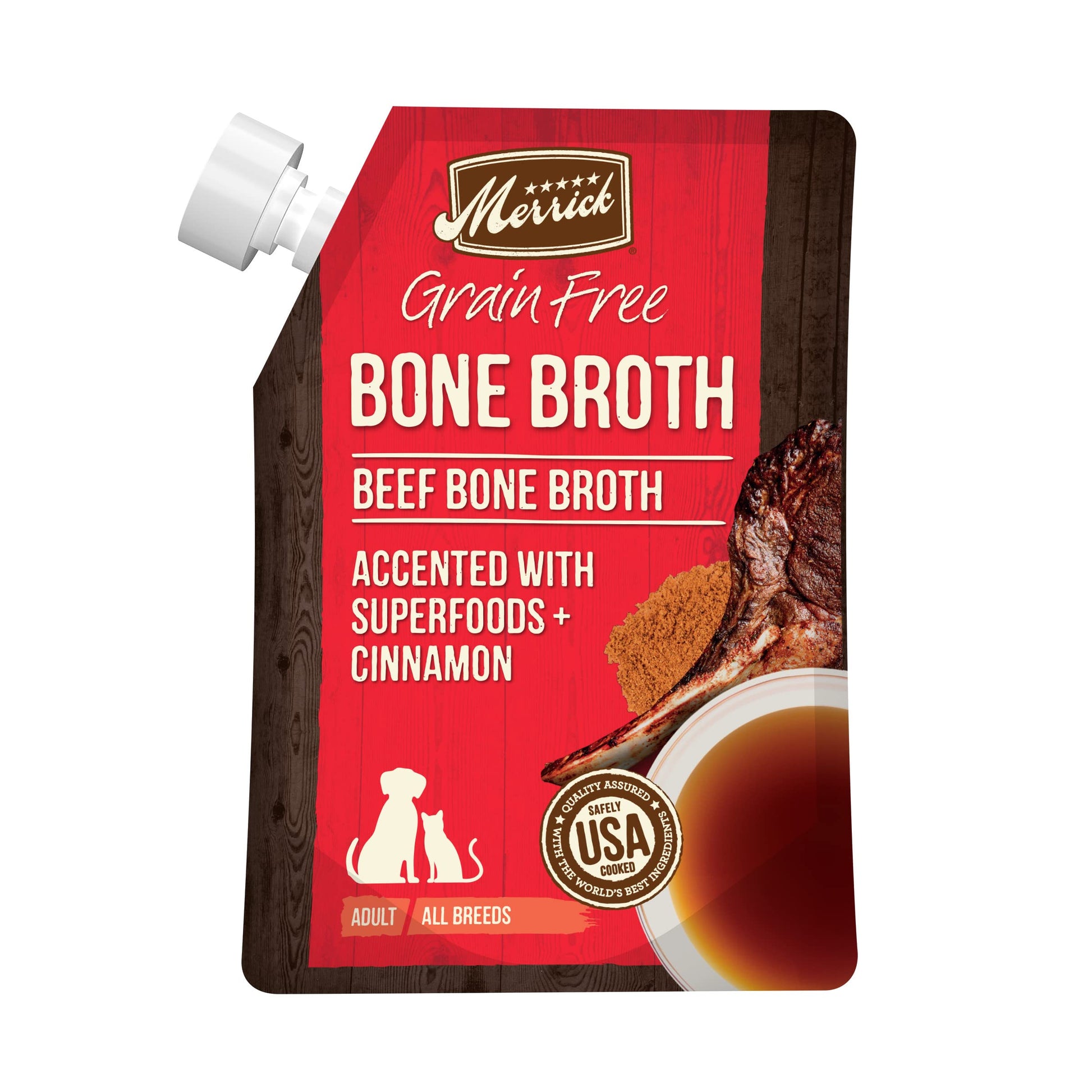 Merrick Grain Free Bone Broth, Enhanced Human Grade And Gluten Free Dog And Cat Food Topper Pouches, Beef - 16 Oz. Pouch