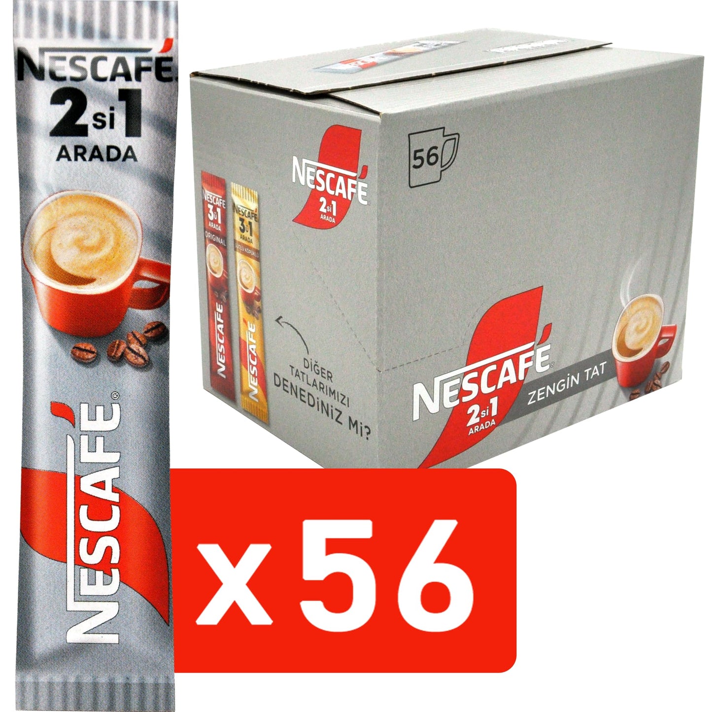 Nescafe 2 in 1 Unsweetened  Coffee + Coffee creamer  No Added Sugar - 56 Sticks