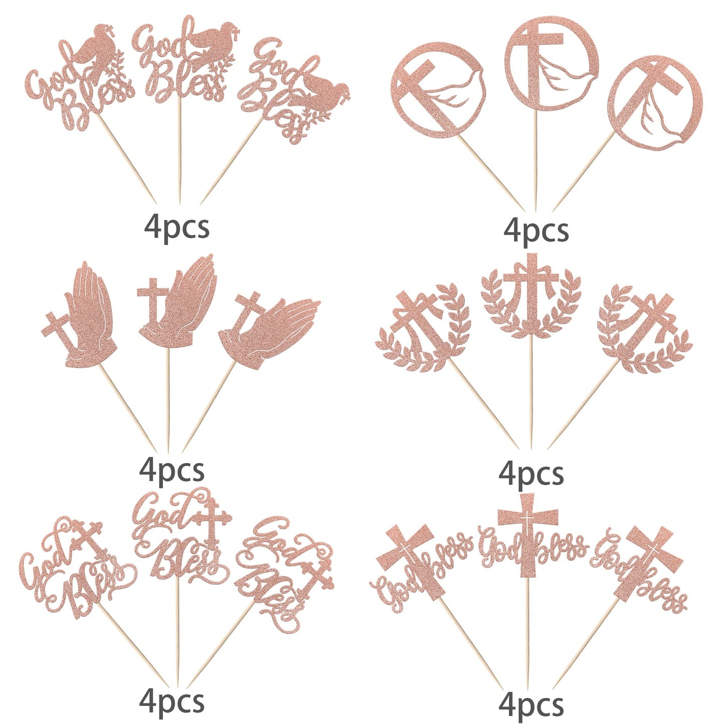 YCTHUNFISH 24 Pack Cupcake Toppers - Glitter Cross Dove of Peace, Rose Gold, Bamboo Material, Ideal for Religious Parties and Baby Showers