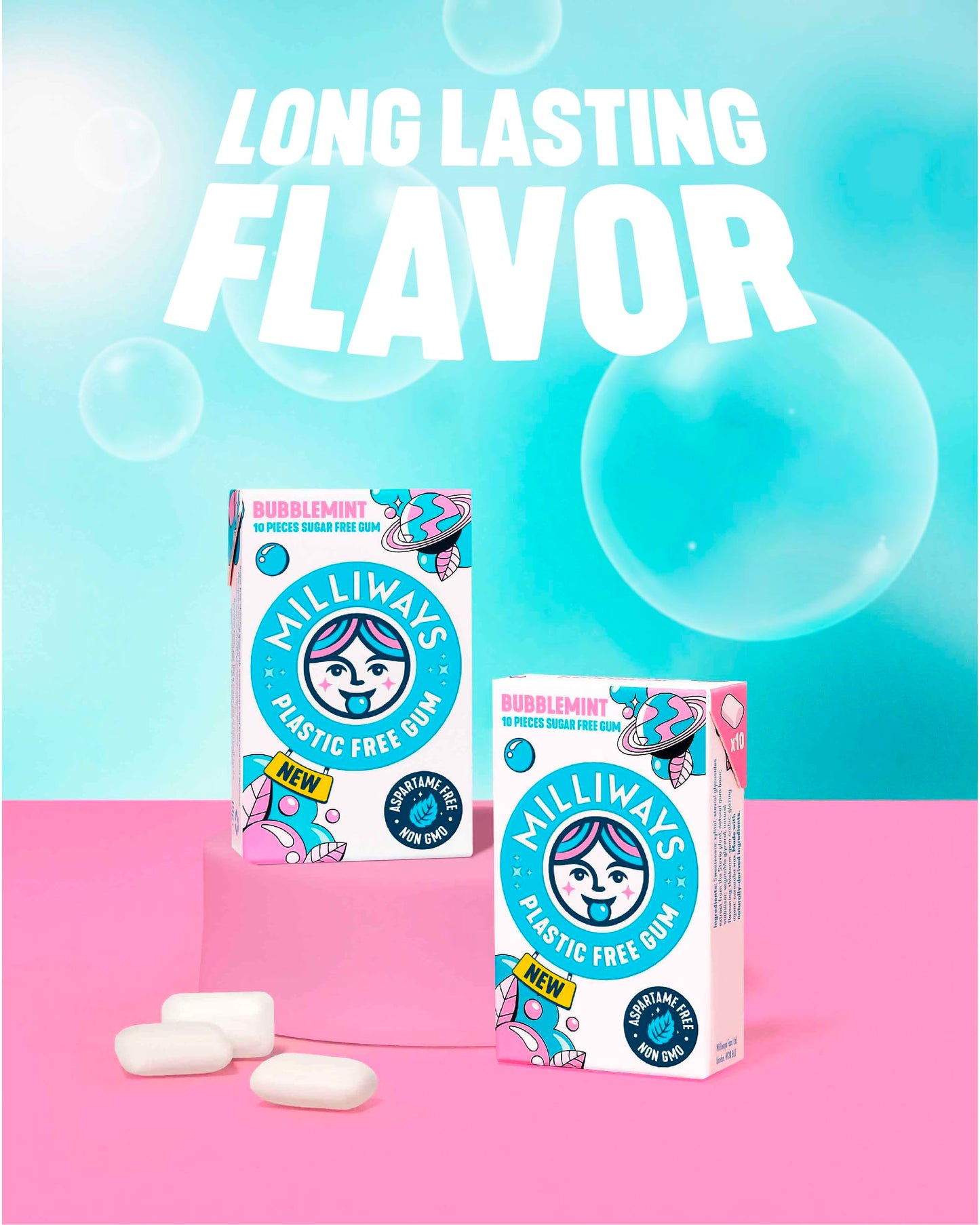 Milliways Bubblemint | Plastic Free Gum | Xylitol, Aspartame-Free, Sugar-Free, Plant-Based, Natural Chewing Gum | 120 Pieces Tot