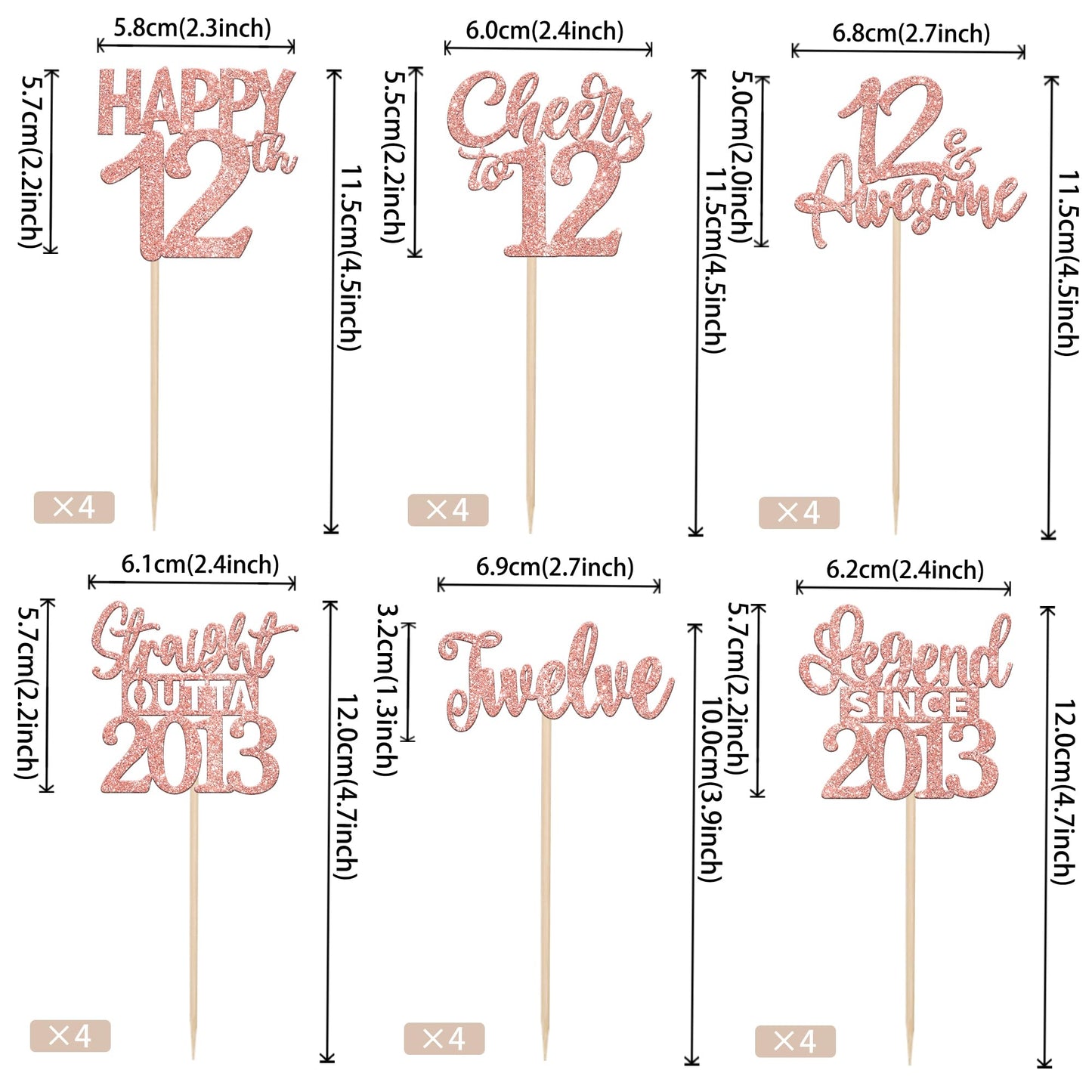 ZHUOWEISM 24PCS 12th Birthday Cupcake Toppers Rose Gold Decorations for 12th Birthday Party Supplies