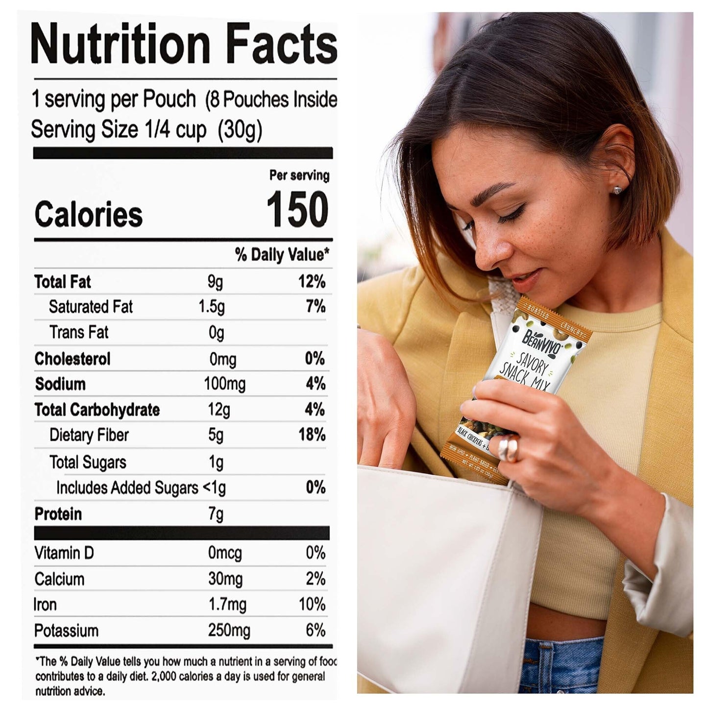 Beanvivo Healthy Snacks For Mature-Themeds & Kids With 7G Protein & 5G Fiber Per Serving With Dried Edamame, Roasted Cashew And Black Chickpeas - Vegan & Gluten Free - Keto Friendly & Non-Gmo - 8Pack (1.05 Oz Each Pouch)