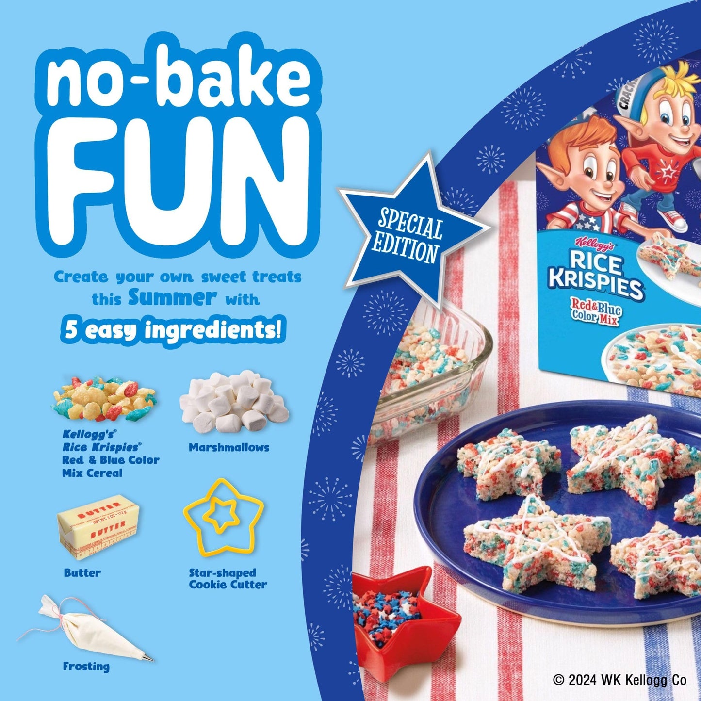 Kellogg's Rice Krispies Cereal, Summer Snacks, Red & Blue Color Mix, 7.5oz Box - Family Breakfast Treat