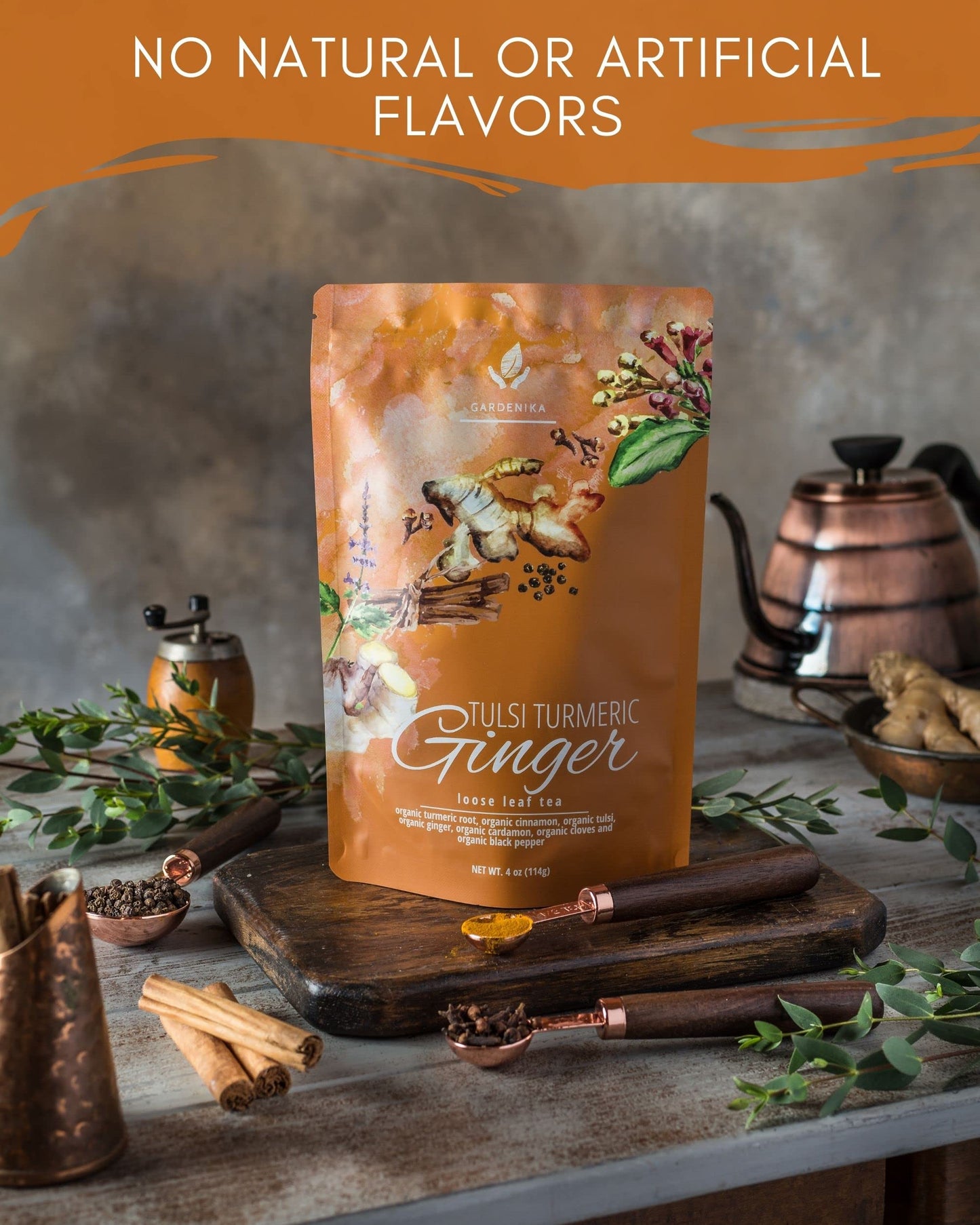 Gardenika Organic Tulsi Turmeric Ginger Loose Leaf Tea - Herbal, Caffeine-Free, Kosher - 4oz