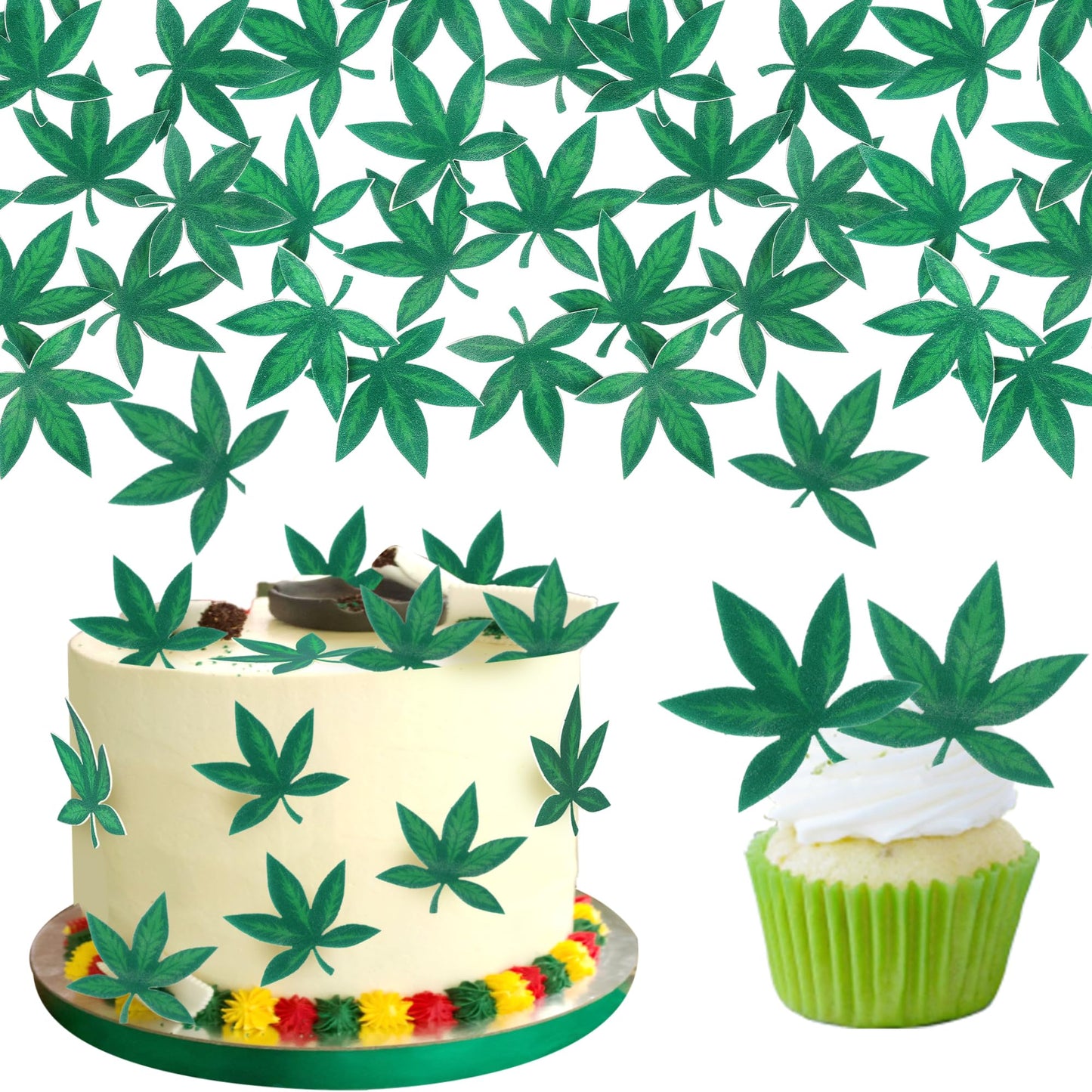 ZHUOWEISM 60 PCS Edible Cupcake Toppers Green Pot Leaf Design 6 for Birthday Party Supplies